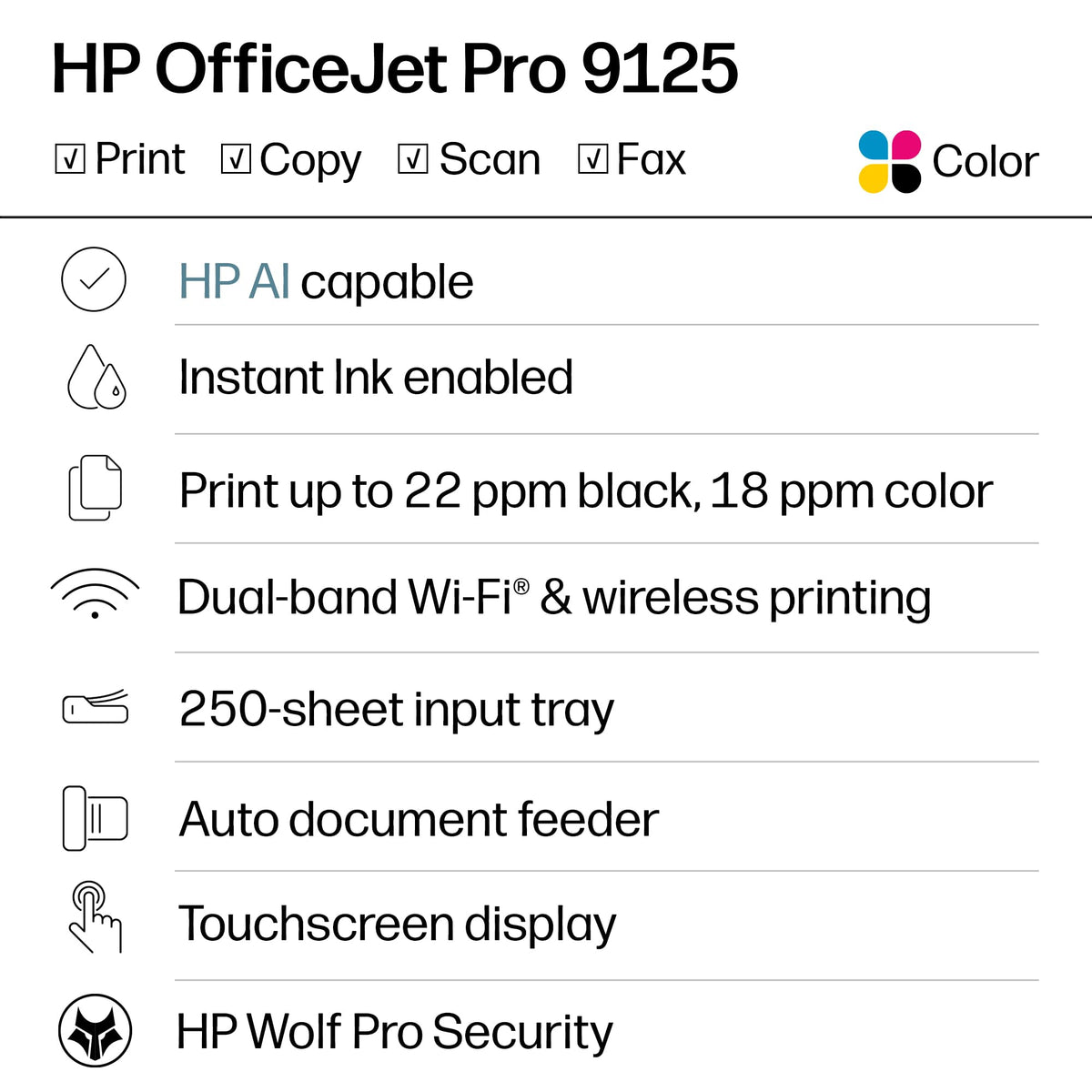 HP OfficeJet Pro 9125 Wireless All-in-One Color Inkjet Printer, Print, Scan, Copy, Fax, ADF, Duplex Print/scan, Best-for-Office, 3 Month Trial of Instant Ink Included, AI-Capable (C2VZ0A)