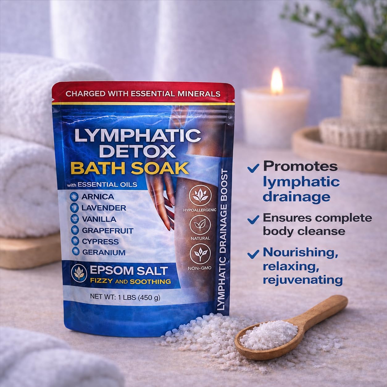 Bruizex Arnica Montana Bath Salts, Epsom Salt Bath Soak with Magnesium, 1lb | Infused with six essential oils; for lymphatic drainage, body detox, foot soaks and post-surgery swelling
