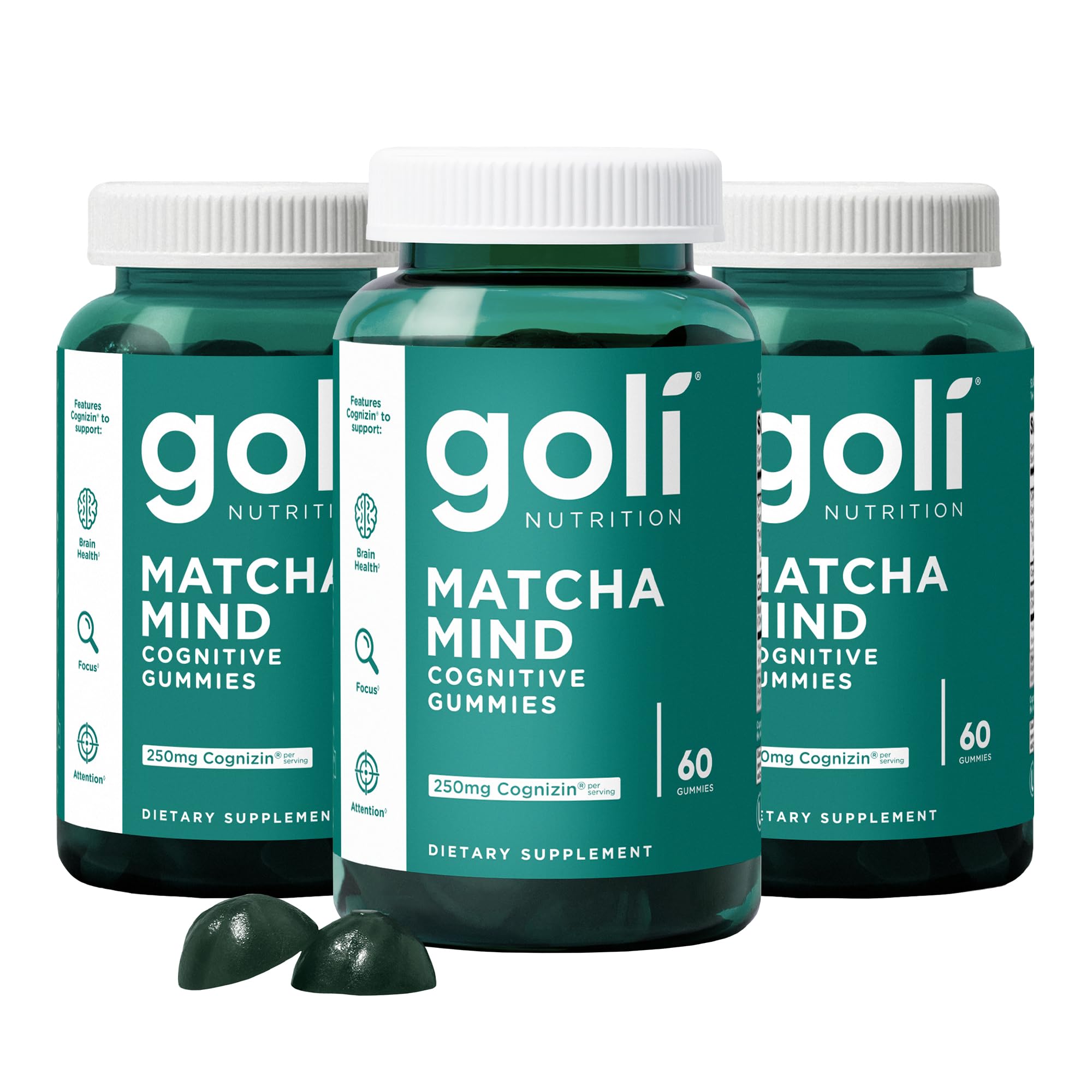 Goli Matcha Mind Cognitive Gummies with Cognizin Citicoline - 250mg Citicoline Plus Matcha Powder - Brain Health and Focus Support - Vegan, Non-GMO, Gluten-Free, 180 Count (3 Pack)
