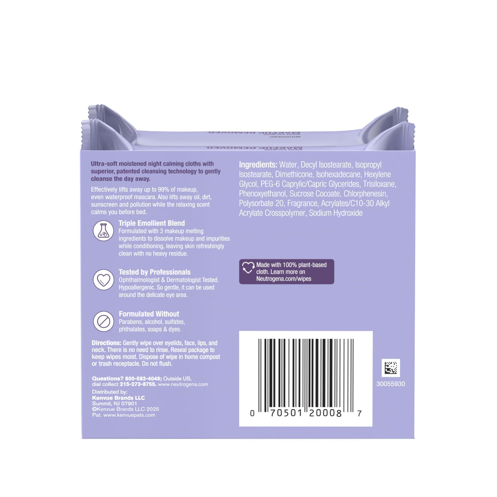 Neutrogena Night Calming Makeup Remover Face Wipes, 2 x 50 ct | Nighttime Cleansing Towelettes, Remove Sweat Dirt & Makeup, Hypoallergenic, 100% Plant Based Cloth