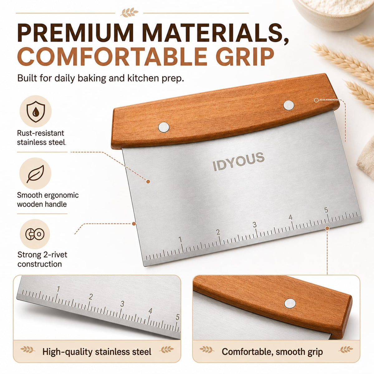 Bench Scraper and Dough Cutter, Stainless Steel Bread Cutter
