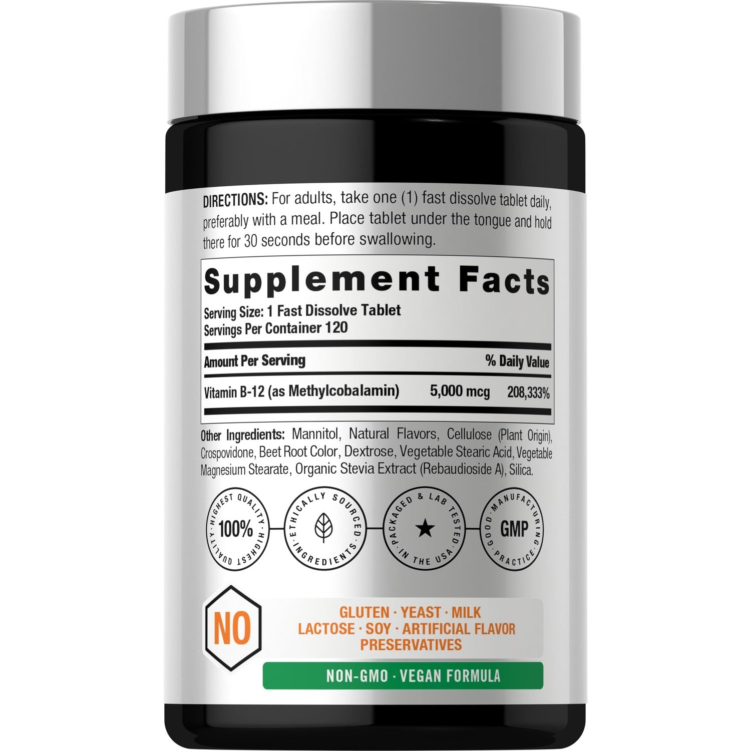 Horbäach B12 Vitamin 5000 mcg | 120 Fast Dissolve Tablets | Sublingual Methylcobalamin | Natural Berry Flavor | Vegan, Non-GMO & Gluten Free Supplement