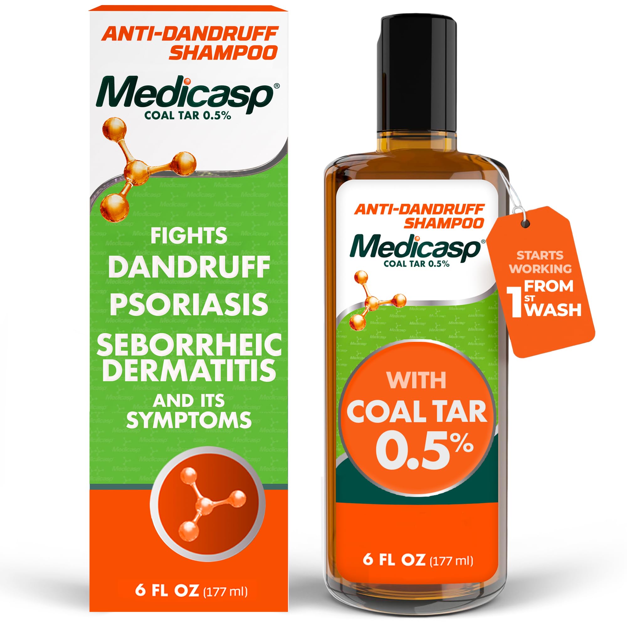 Medicasp Coal Tar Anti-Dandruff Shampoo, Flakes Shampoo, 6 fl oz, 2 Pk | Alleviates Symptoms from 1st Wash, Treats Psoriasis, Seborrheic Dermatitis & Itchy Dry Scalp, Fights Root Cause of Dandruff