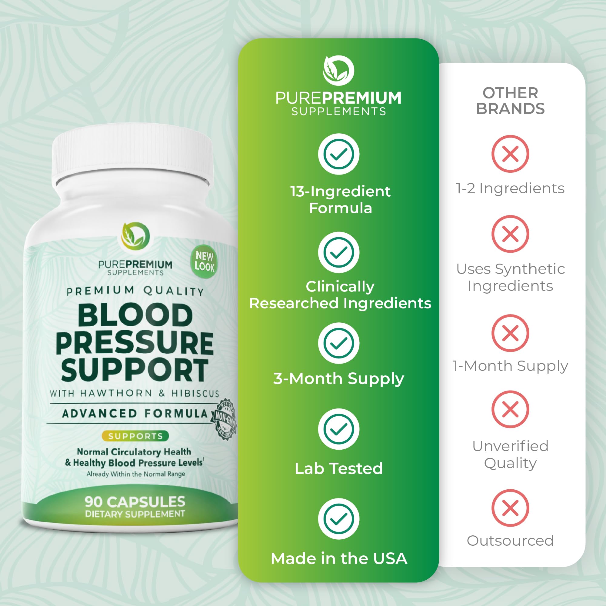 PurePremium Blood Pressure Supplements with Hawthorn Berry, Hibiscus - 90ct | Garlic & Vitamin B12 - Nitric Oxide Supplement for Normal Heart Health, Circulation Health & Blood Pressure Support, USA Made