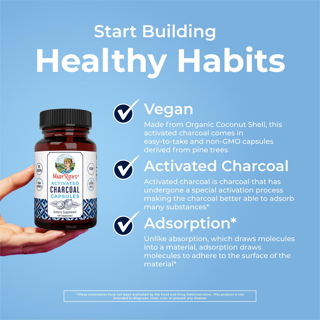 MARYRUTH'S Activated Charcoal Capsules, 950 mg, Non-GMO, Vegan, 40 Count | Substance Adsorption, Derived from Coconut Shells, Vegan Capsules from Pine Trees, Gluten Free