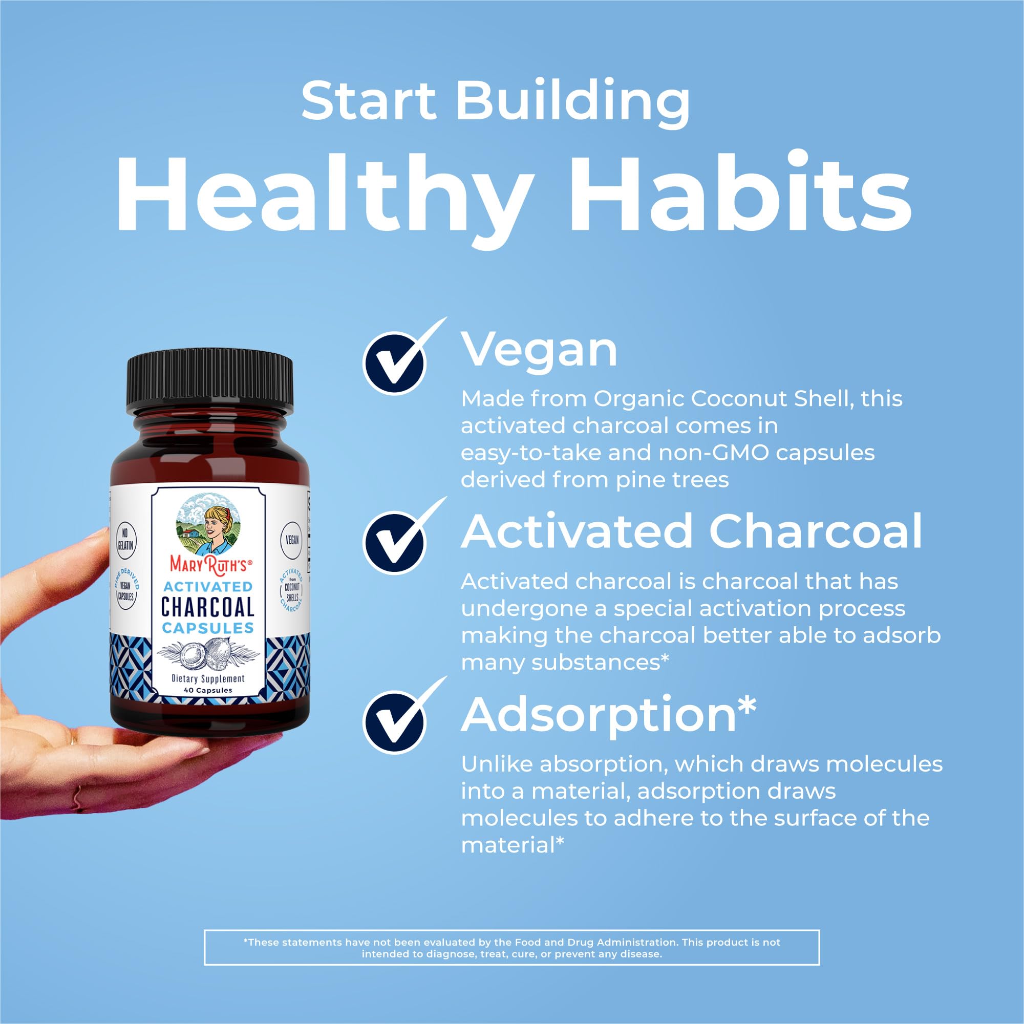 MARYRUTH'S Activated Charcoal Capsules, 950 mg, Non-GMO, Vegan, 40 Count | Substance Adsorption, Derived from Coconut Shells, Vegan Capsules from Pine Trees, Gluten Free