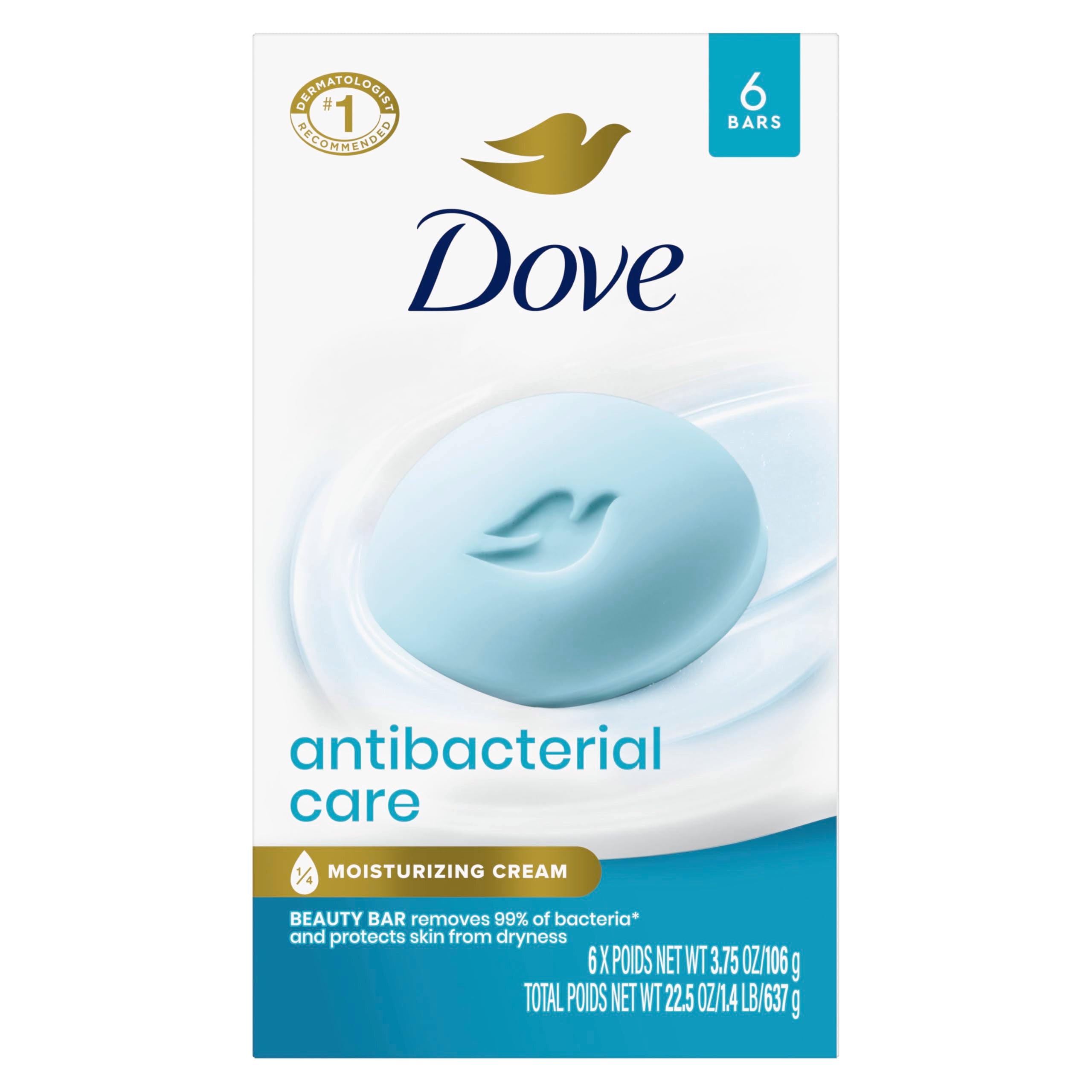 Dove Antibacterial Care Beauty Bar Soap , Cleanser, I 6 Count 3.75 oz | Moisturizing Antibacterial bar with ¼ moisturizing cream that removes 99% of bacteria while protecting skin from dryness