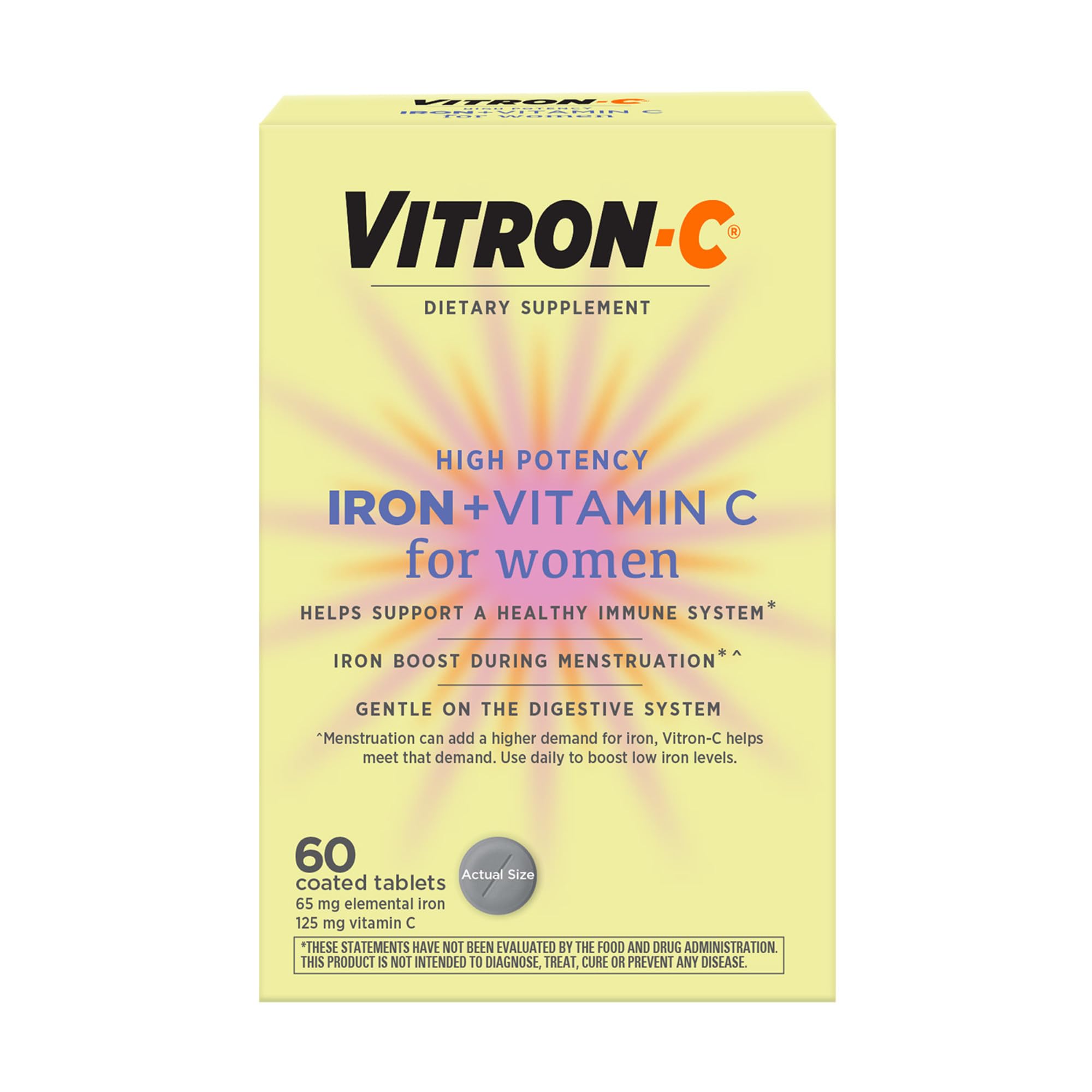 Vitron-C High Potency Iron Supplement, Immune Support, 125mg Vitamin C, 60 Count, Pack of 1