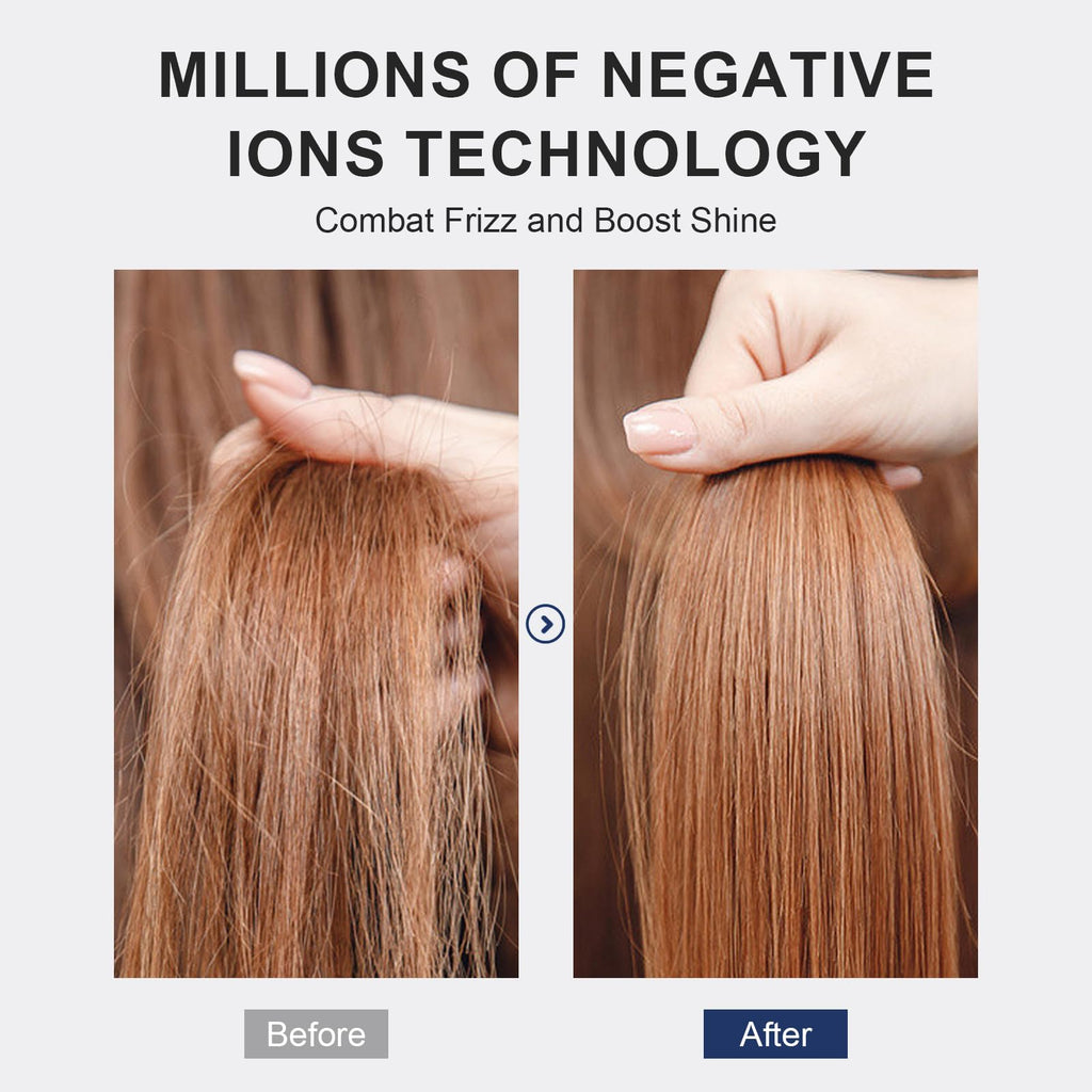Before and after showing hair improvement with the 4-in-1 Travel Dual Voltage Hair Dryer, promising shining, frizz-free results.