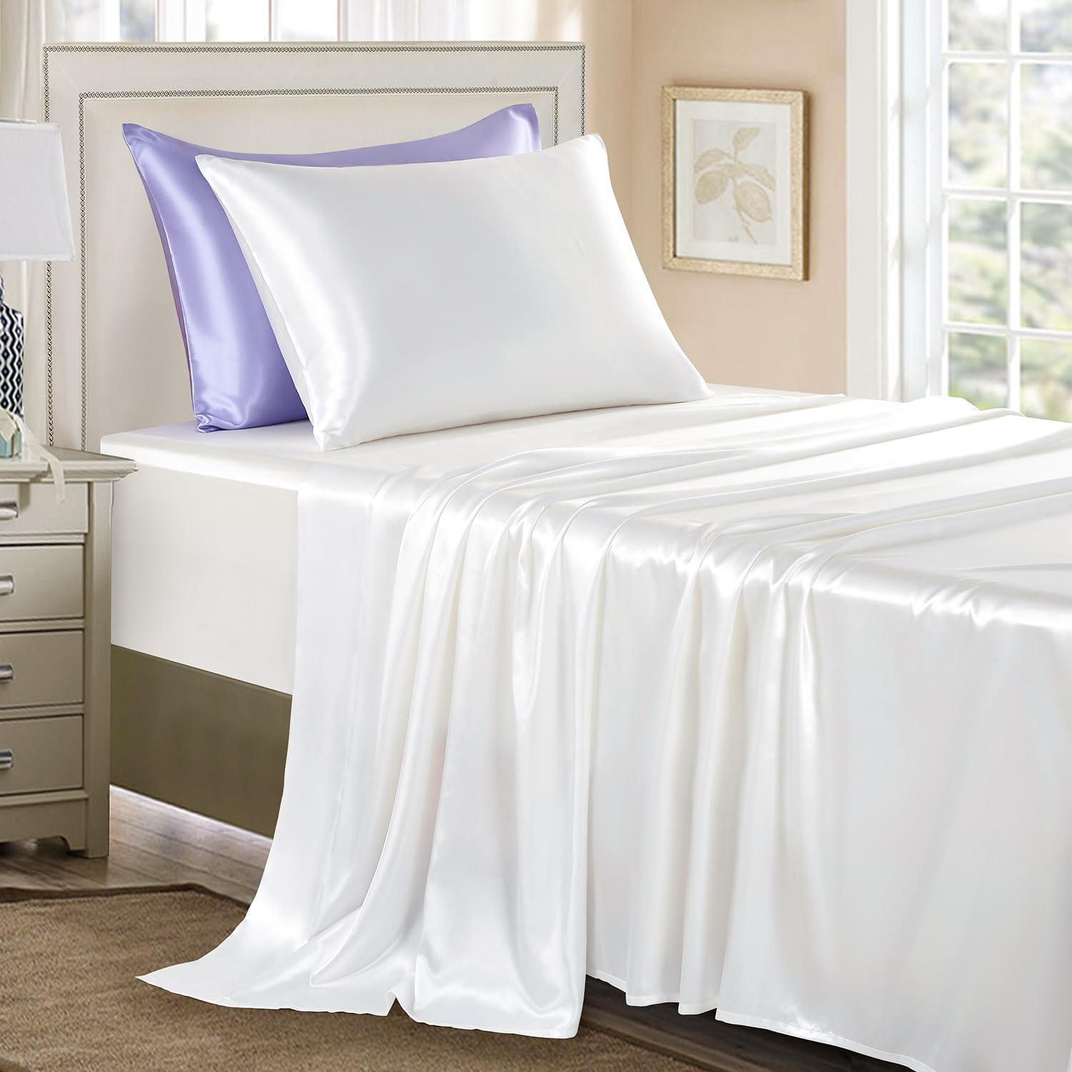 Buy now Satin Sheets King Size - 4 Pieces Luxury Silky Soft Bed Sheets, Wrinkle-Free Gold Satin Silk Sheet Set with 1 Deep Pocket Fitted Sheet, 1 Flat Sheet, 2 Pillow Cases Twin White at indiglob india