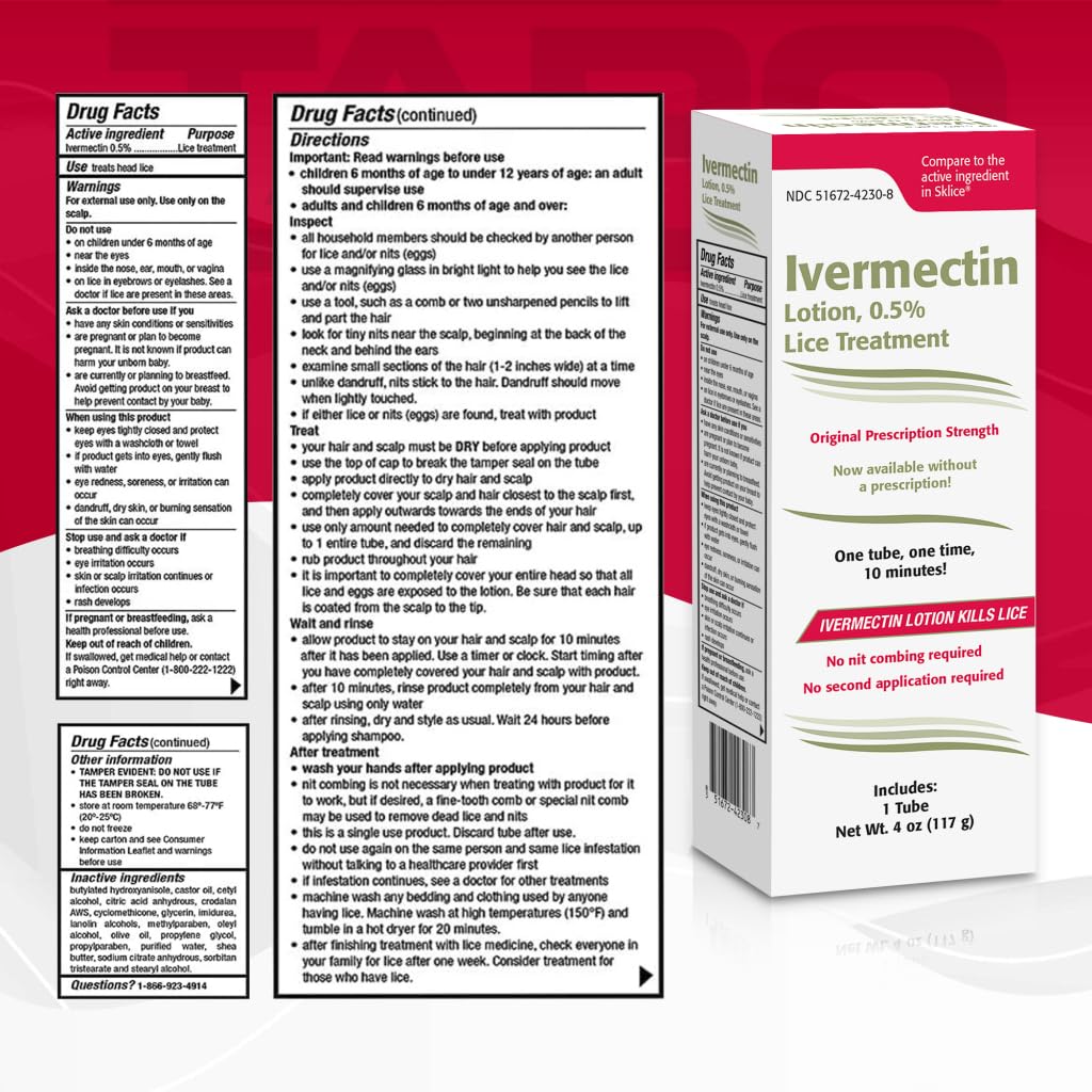 TARO Ivermectin Lotion 0.5% Lice Treatment for Adults and Kids 4FL Oz