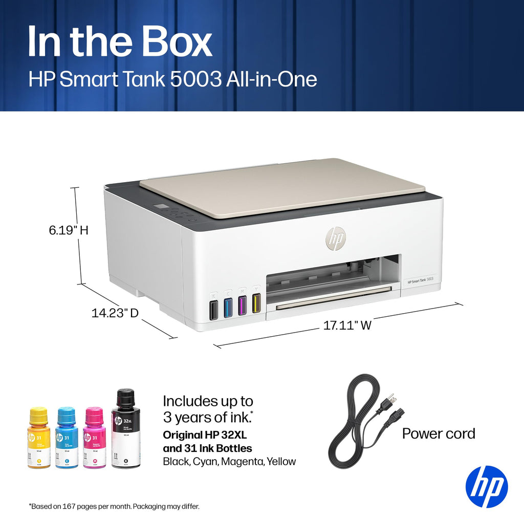 HP Smart Tank 5003 Wireless All-in-One Ink Tank Printer, Scanner, Copier with up to 3 Years of Ink Included, Best-for-Home, Cartridge-Free Refillable, AI-Capable (9B2D3A)