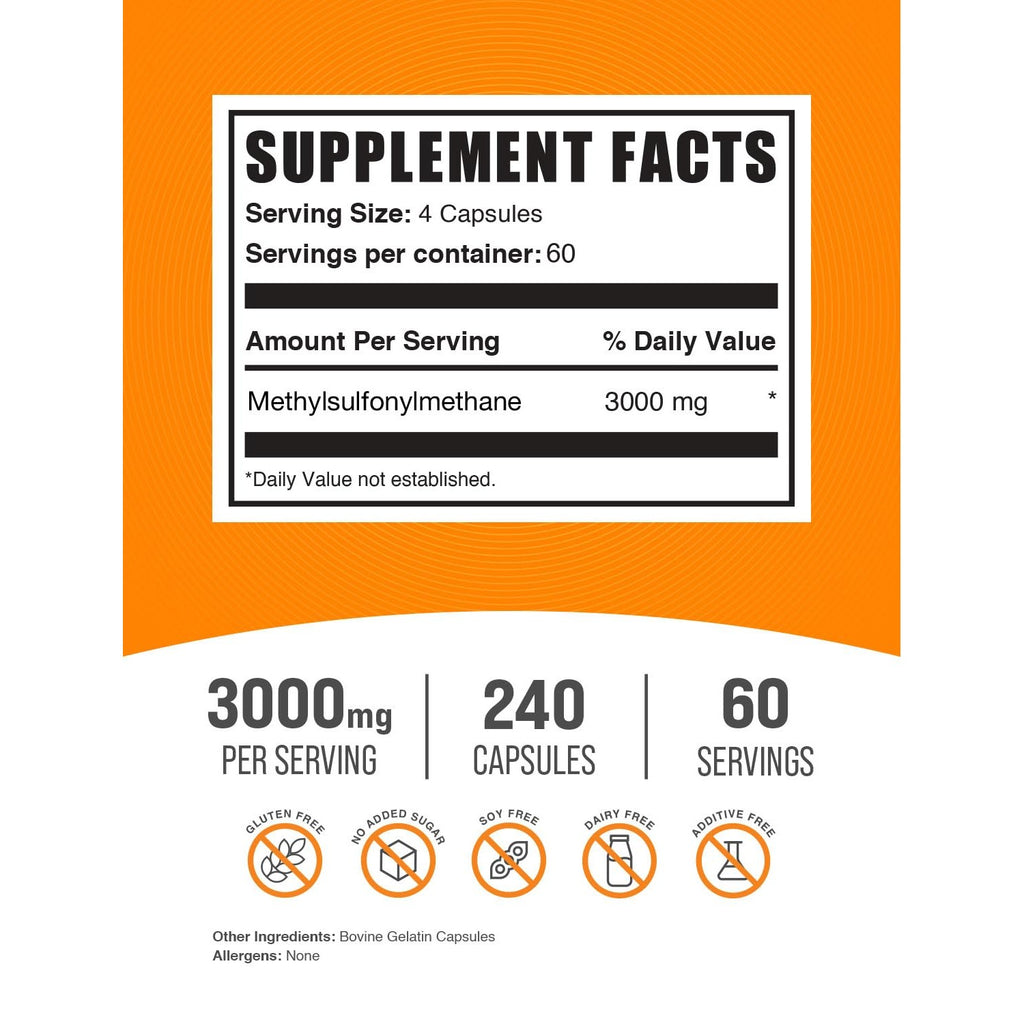 BulkSupplements.com MSM Capsules - Methylsulfonylmethane, MSM 3000mg - Joint Supplements, Gluten Free, 4 Capsules per Serving, 240 Count (Pack of 1)