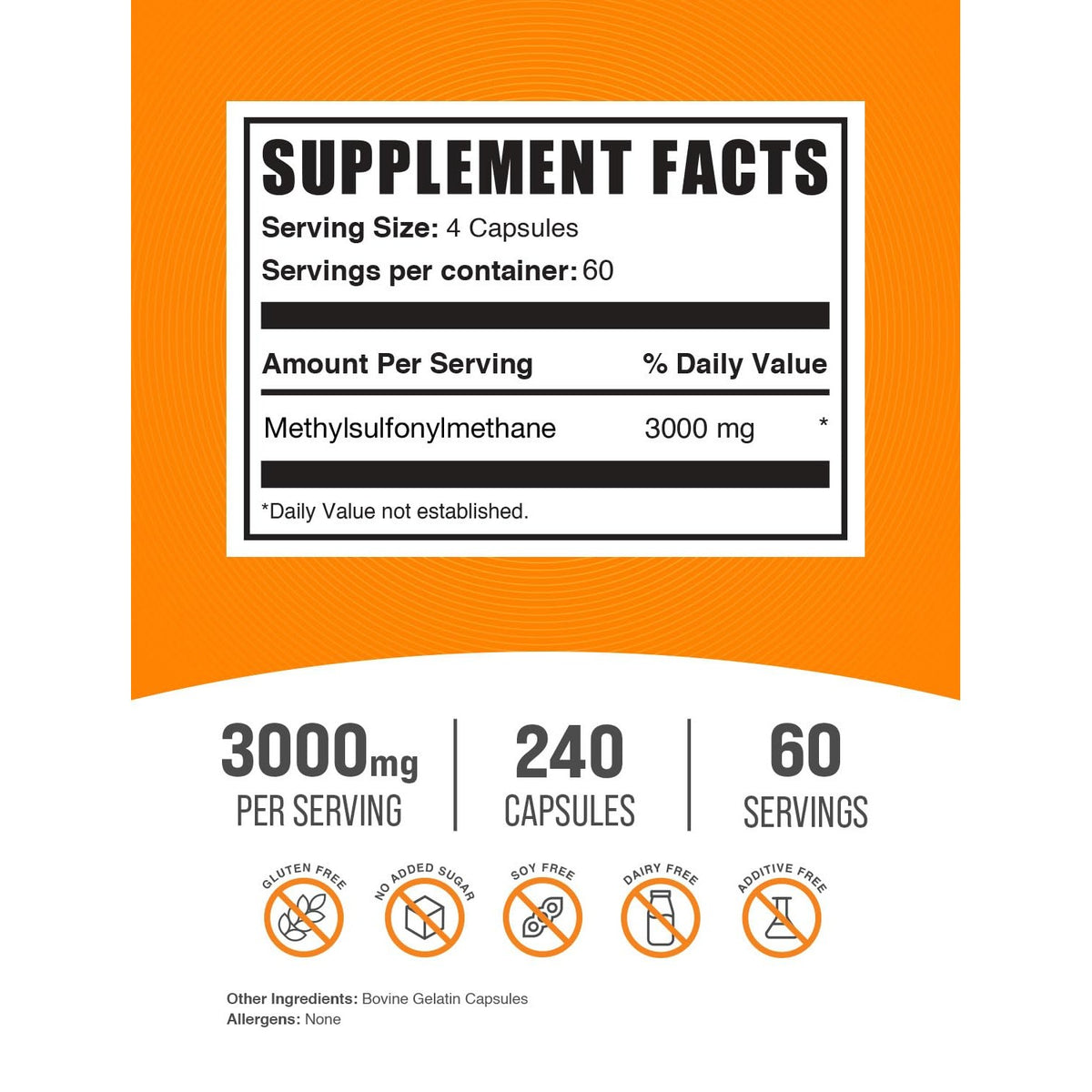 BulkSupplements.com MSM Capsules - Methylsulfonylmethane, MSM 3000mg - Joint Supplements, Gluten Free, 4 Capsules per Serving, 240 Count (Pack of 1)