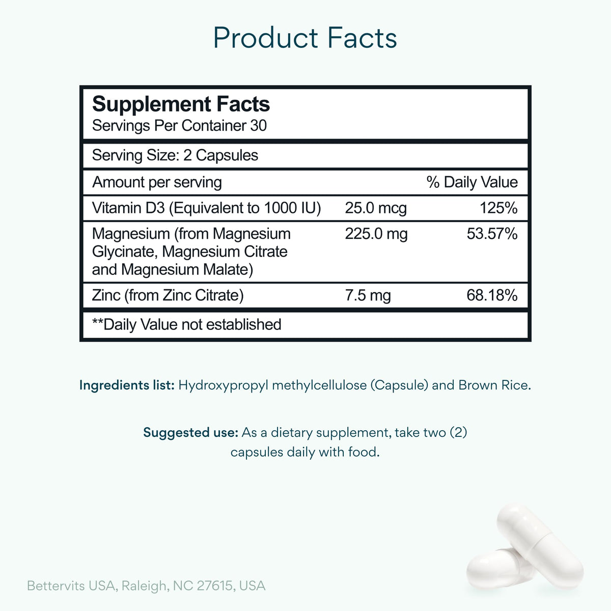 Bettervits Magnesium Glycinate Complex 225mg, Chelated for Sleep | 60 Caps