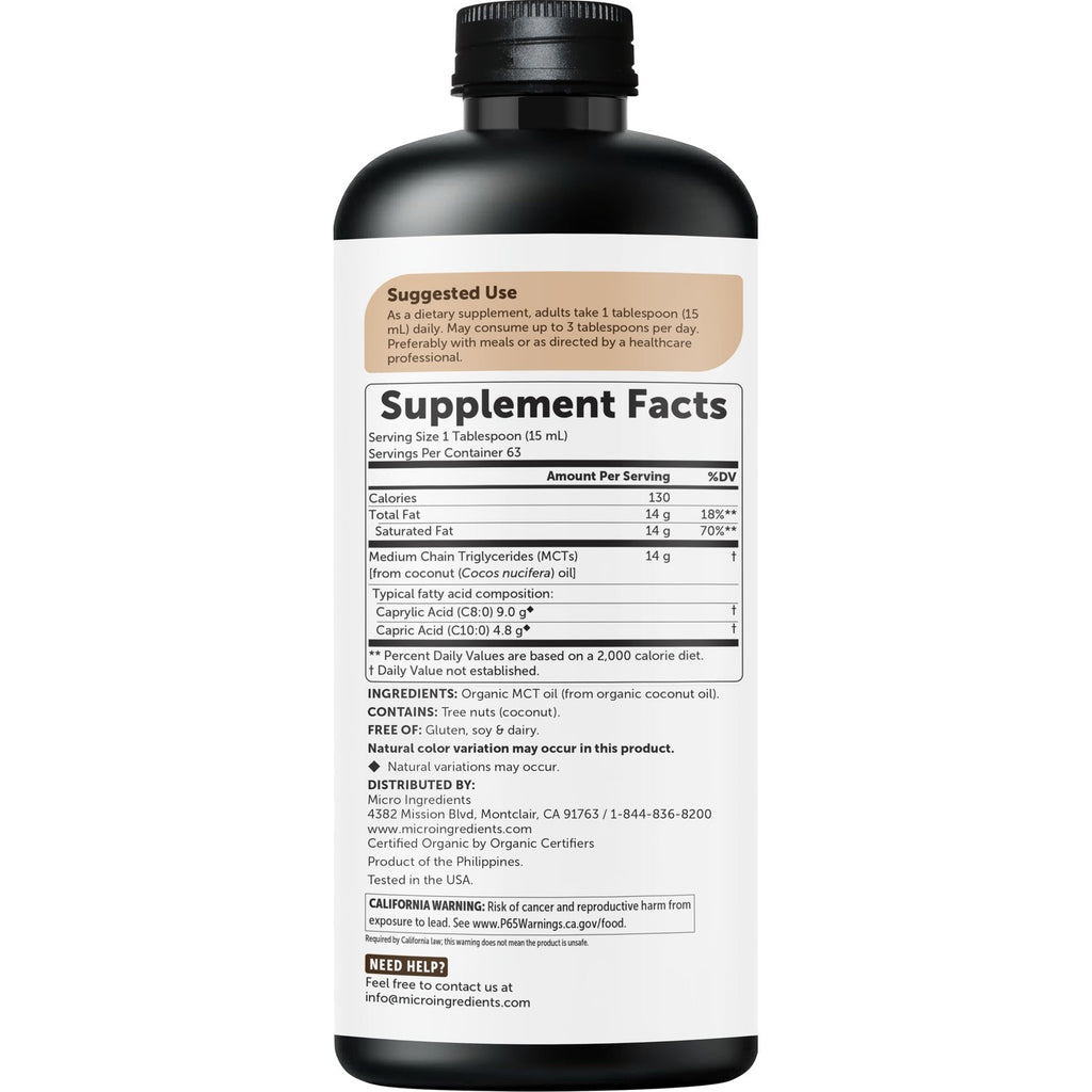 Micro Ingredients Organic MCT Oil, 32 fl oz, Keto C8 + C10 Fatty Acids