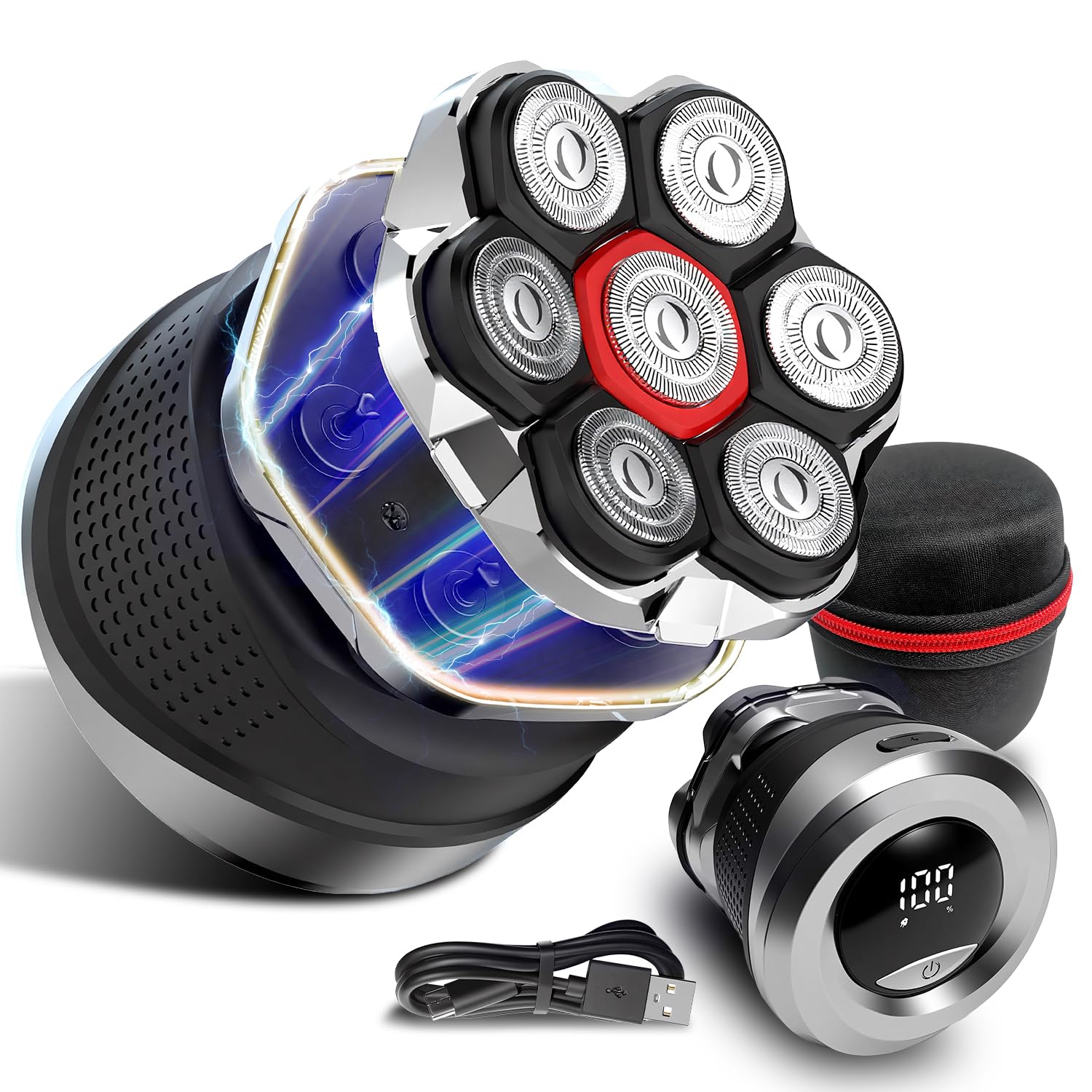 Men's Electric Rotary Shavers Bald，2026 Upgrade 7D Floating Electric Shaver with LED Display,IPX6 Waterproof,Type-C Fast Charge, Magnetic Heads, Travel Case - Ideal Men's Grooming Gift (Blue)