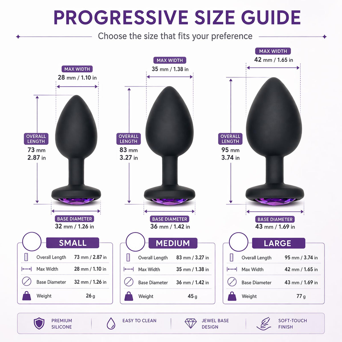 3PCS Silicone Jeweled Anal Butt Plug Training Set, Black