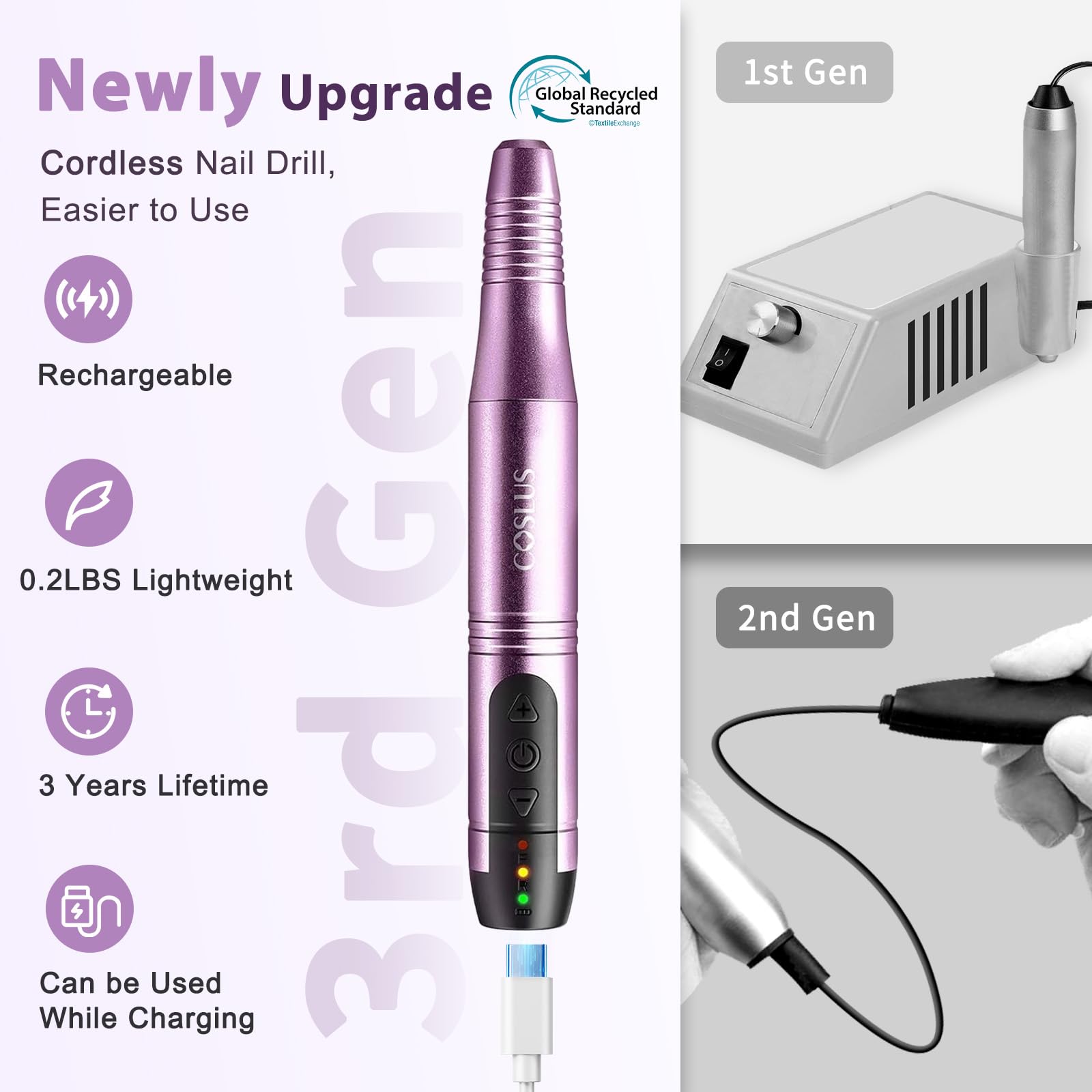 COSLUS C20 Cordless Nail Drill Electric File: Portable All-in-One Kit | Professional for Acrylic Gel Dip Powder Nails, Rechargeable Manicure & Pedicure Machine, Salon Home, Lightweight, Purple