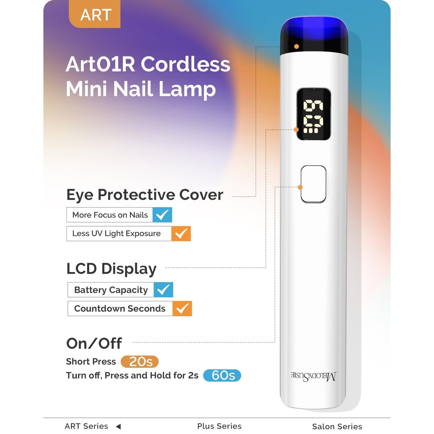 MelodySusie Handheld UV Light for Gel Nails P-ART01R with Stand, Hands-Free | Mini Portable Cordless Nail Lamp with LCD Display, Eye-Protective Cover, Flash Curing Glue, 450mAh Battery