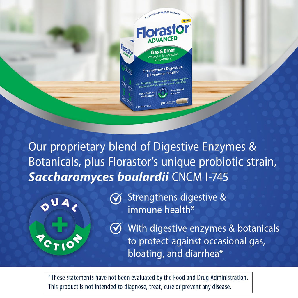 Florastor Advanced Gas & Bloat Probiotic, 30 Capsules (Pack of 2) | Digestive Enzymes and Botanicals, Plus Probiotics for Digestive Health