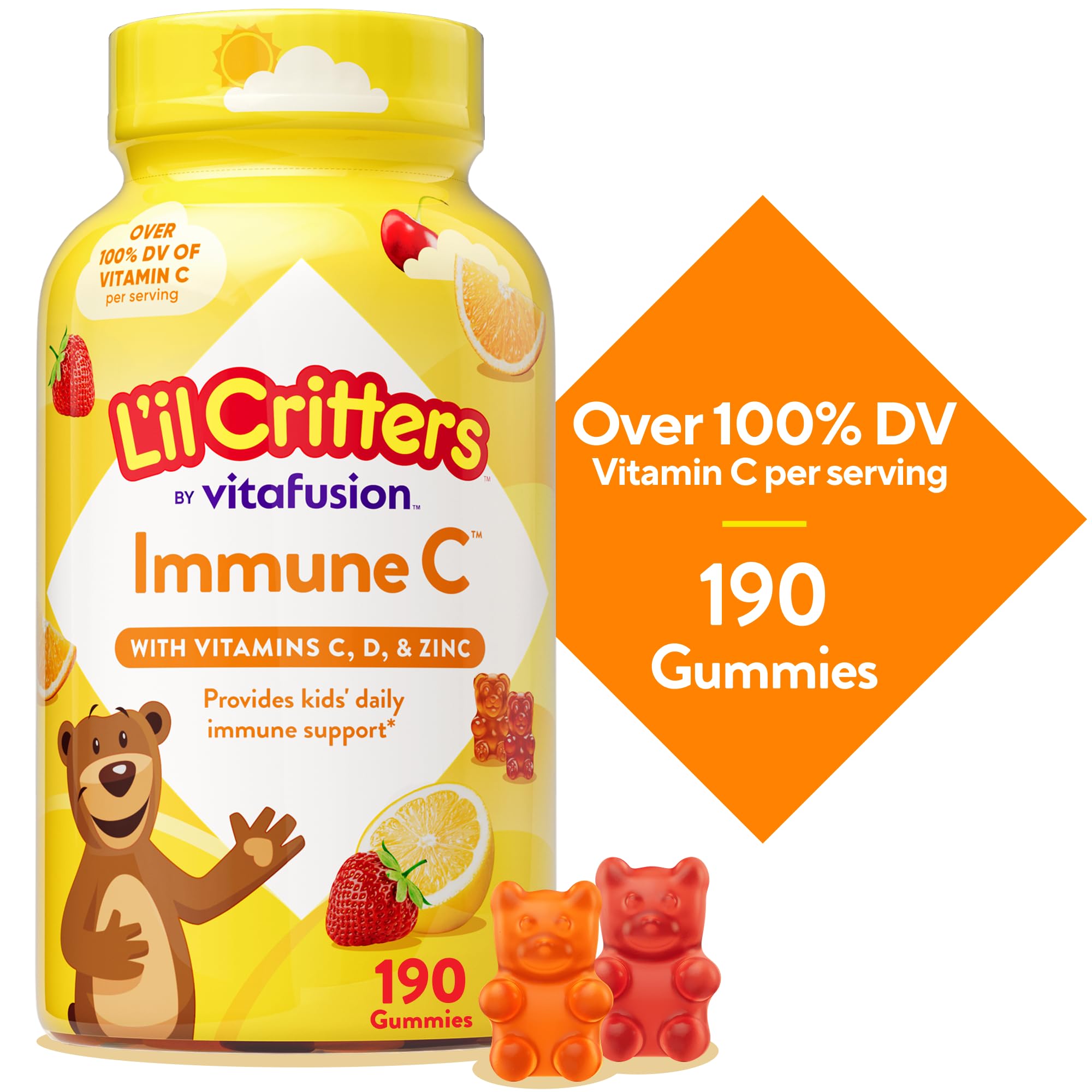 L'il Critters Kids Immune C | Vitamin C and Zinc Gummies | 190 Count | Assorted Fruit Flavors | Gluten and Dairy-Free Children's Gummy Supplement