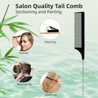 Boar Bristle Slick Back Hair Brush, Teasing Hair Brush with Black Carbon Fiber and Stainless Steel Tail Comb, Slick Hair Brush Set for Parting and Sectioning, Suitable for All Styling