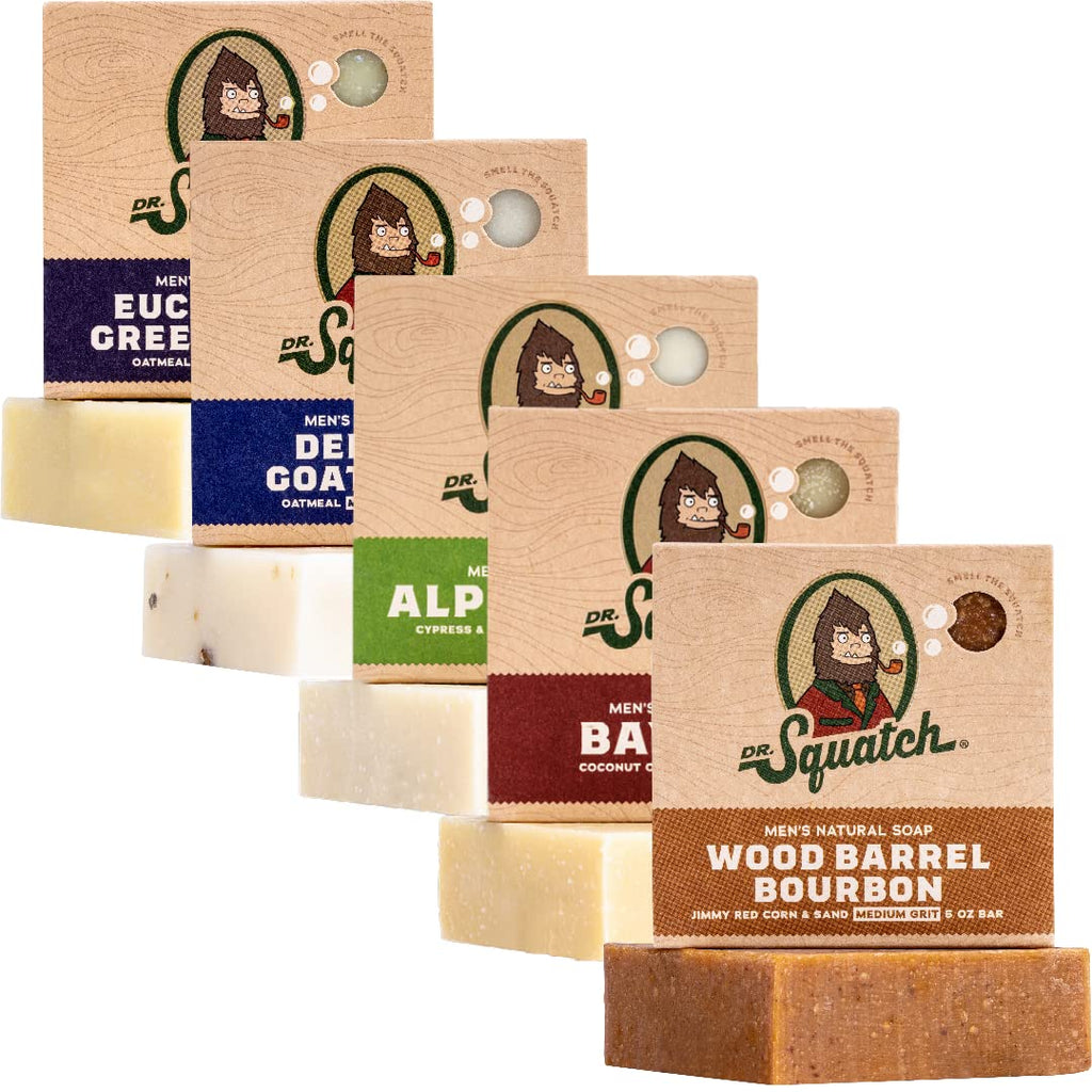 Buy now Dr. Squatch Natural Men’s Bar Soap - Cold Process Body Soap Bar with Natural Oils - Gifts for Men - Coconut Castaway, Wood Barrel Bourbon, Fresh Falls, Birchwood Breeze & Gold Moss (5 oz, 5-Pack) at indiglob india