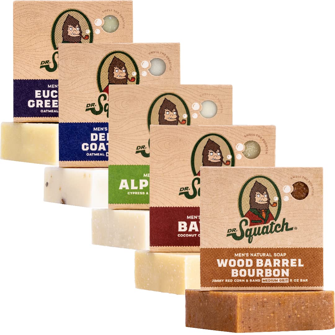 Buy now Dr. Squatch Natural Men’s Bar Soap - Cold Process Body Soap Bar with Natural Oils - Gifts for Men - Coconut Castaway, Wood Barrel Bourbon, Fresh Falls, Birchwood Breeze & Gold Moss (5 oz, 5-Pack) at indiglob india