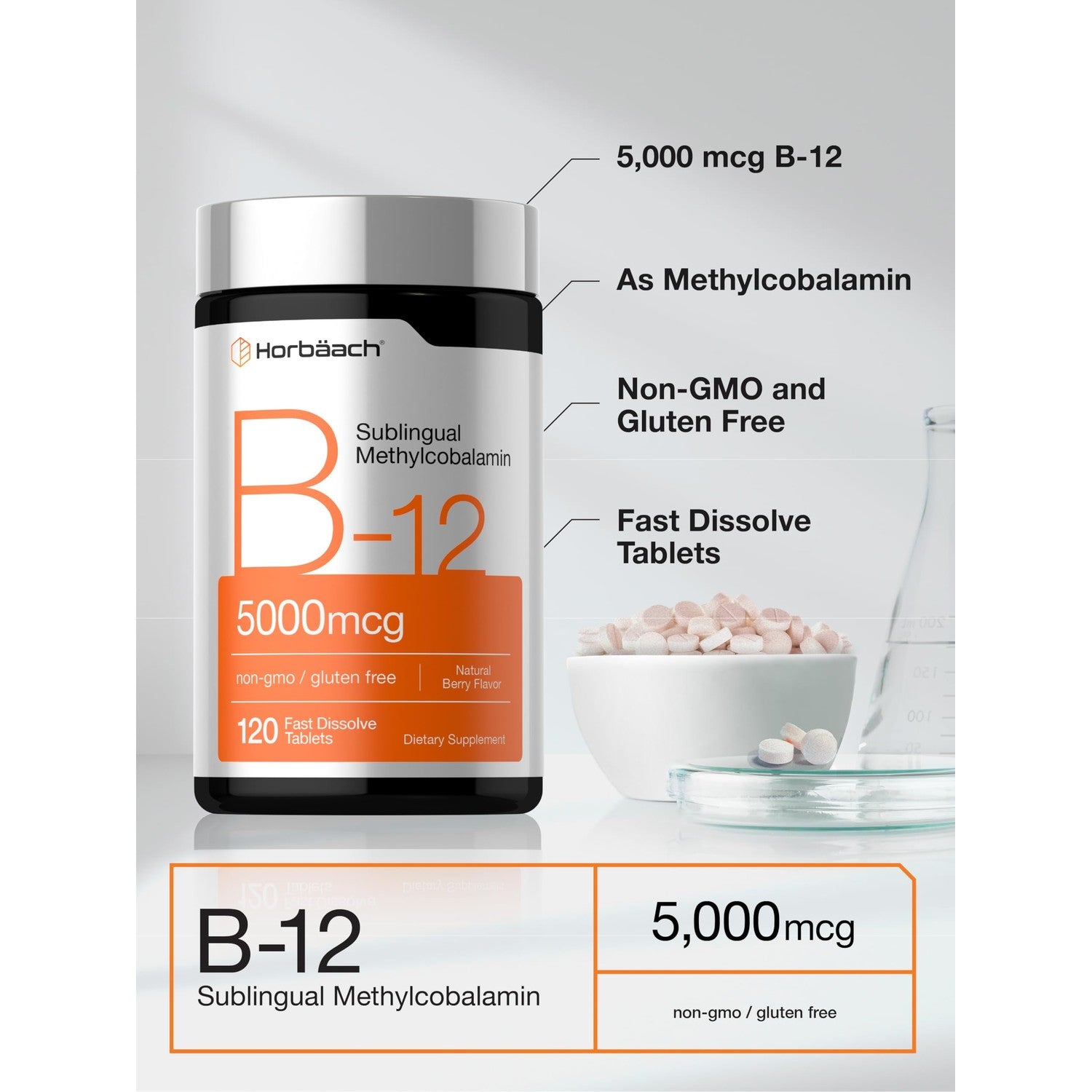 Horbäach B12 Vitamin 5000 mcg | 120 Fast Dissolve Tablets | Sublingual Methylcobalamin | Natural Berry Flavor | Vegan, Non-GMO & Gluten Free Supplement