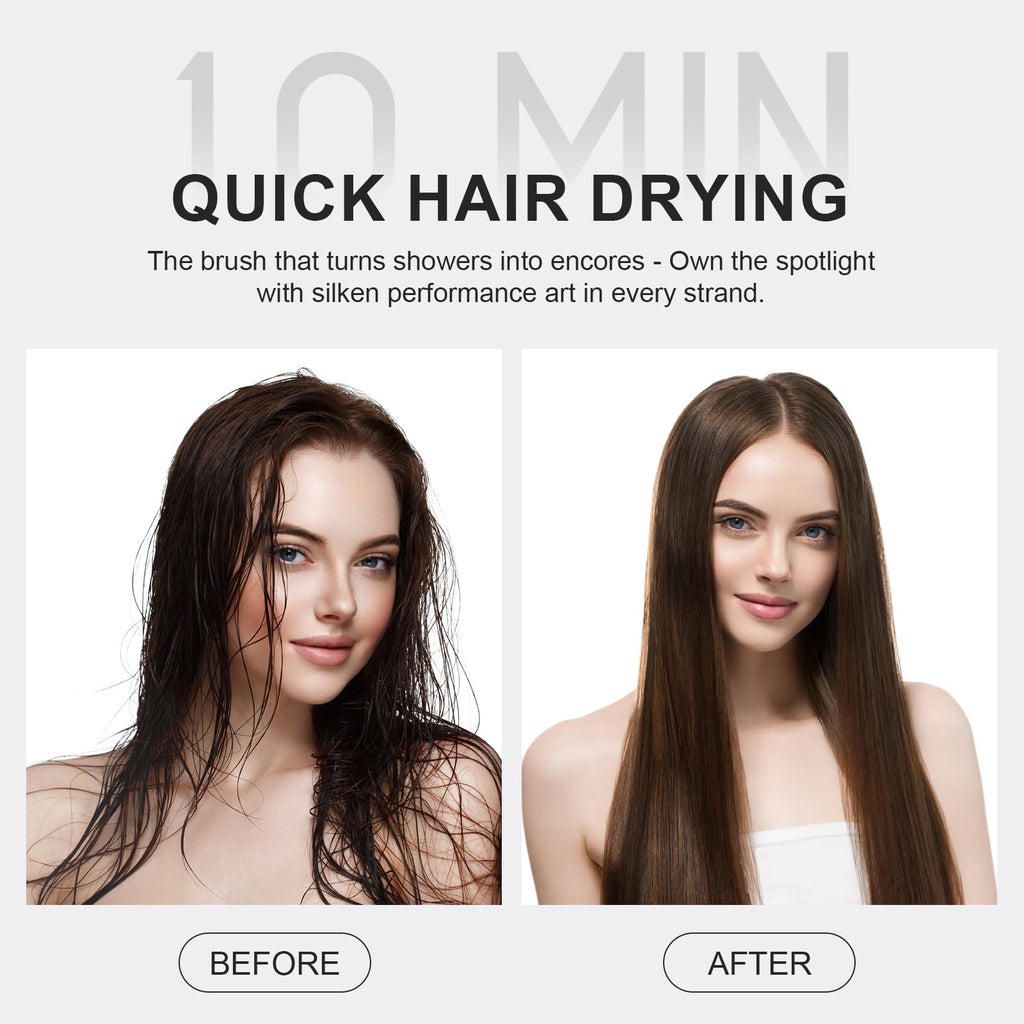 Before and after images demonstrating the effectiveness of a quick hair drying brush. Verified by CuratCart for trust.