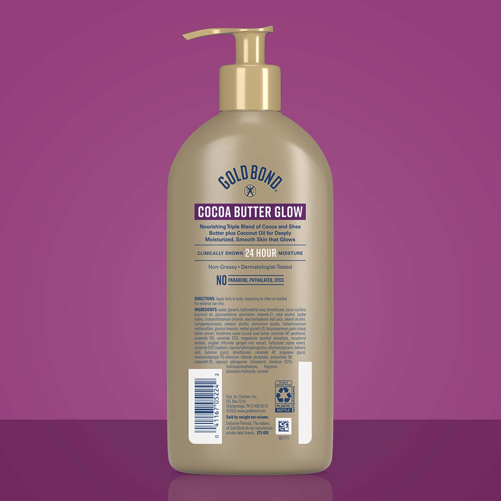 Gold Bond Cocoa Butter Glow Daily Hydrating Lotion for Gifting, 14 Oz | Body lotion with Shea Butter, Cocoa Butter & Coconut Oil, dermatologist-tested, no parabens, phthalates, dyes, 24hr moisture