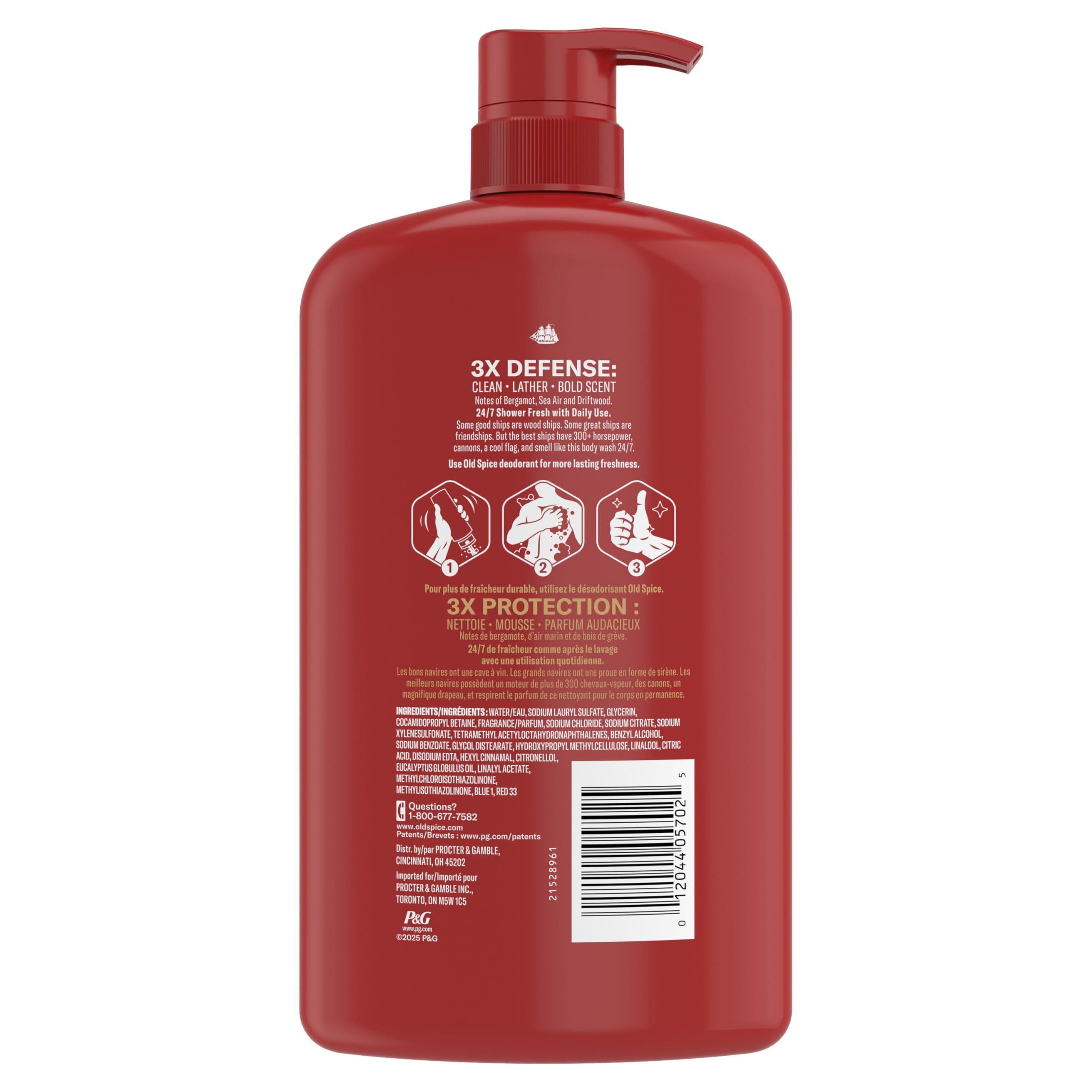 Old Spice Refreshing Body Wash for Men, 3X Defense, 24/7 Shower Fresh with Long Lasting Scent, Red Collection, Captain with Bergamot Scent, 33.4 oz