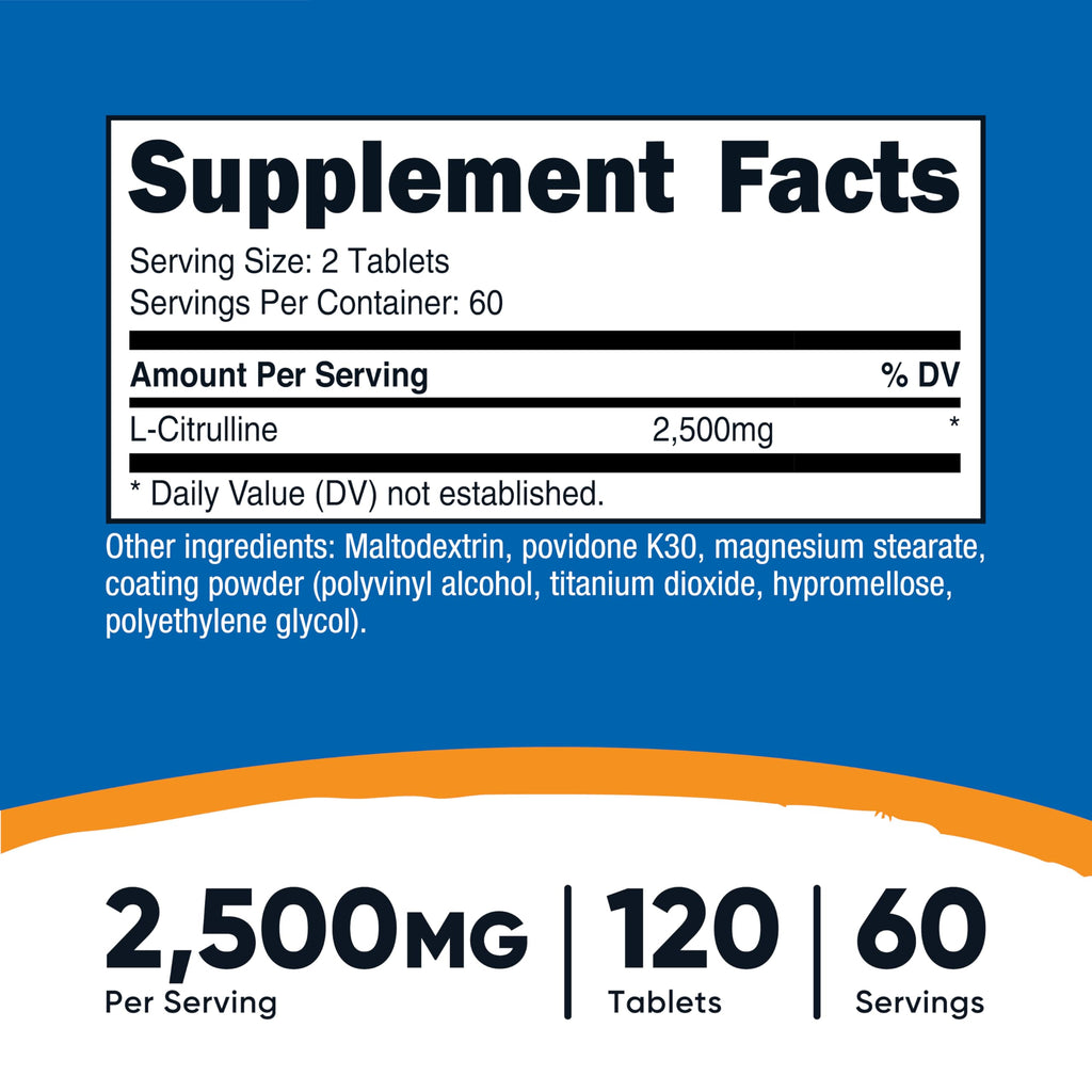 Nutricost L-Citrulline (2500mg) 60 Servings, 120 Tablets | 1250mg Per Tablet, GMO-Free and Gluten Free
