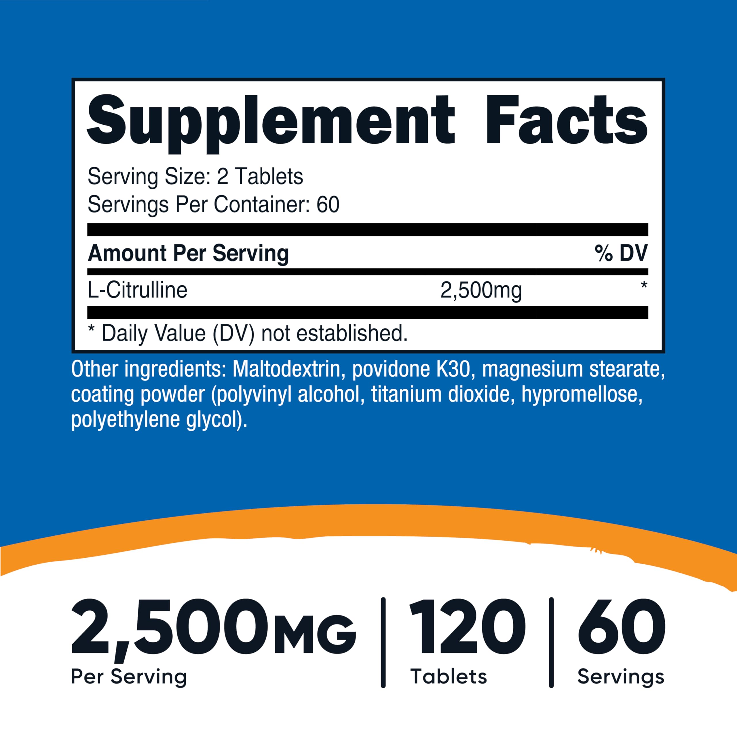 Nutricost L-Citrulline (2500mg) 60 Servings, 120 Tablets | 1250mg Per Tablet, GMO-Free and Gluten Free