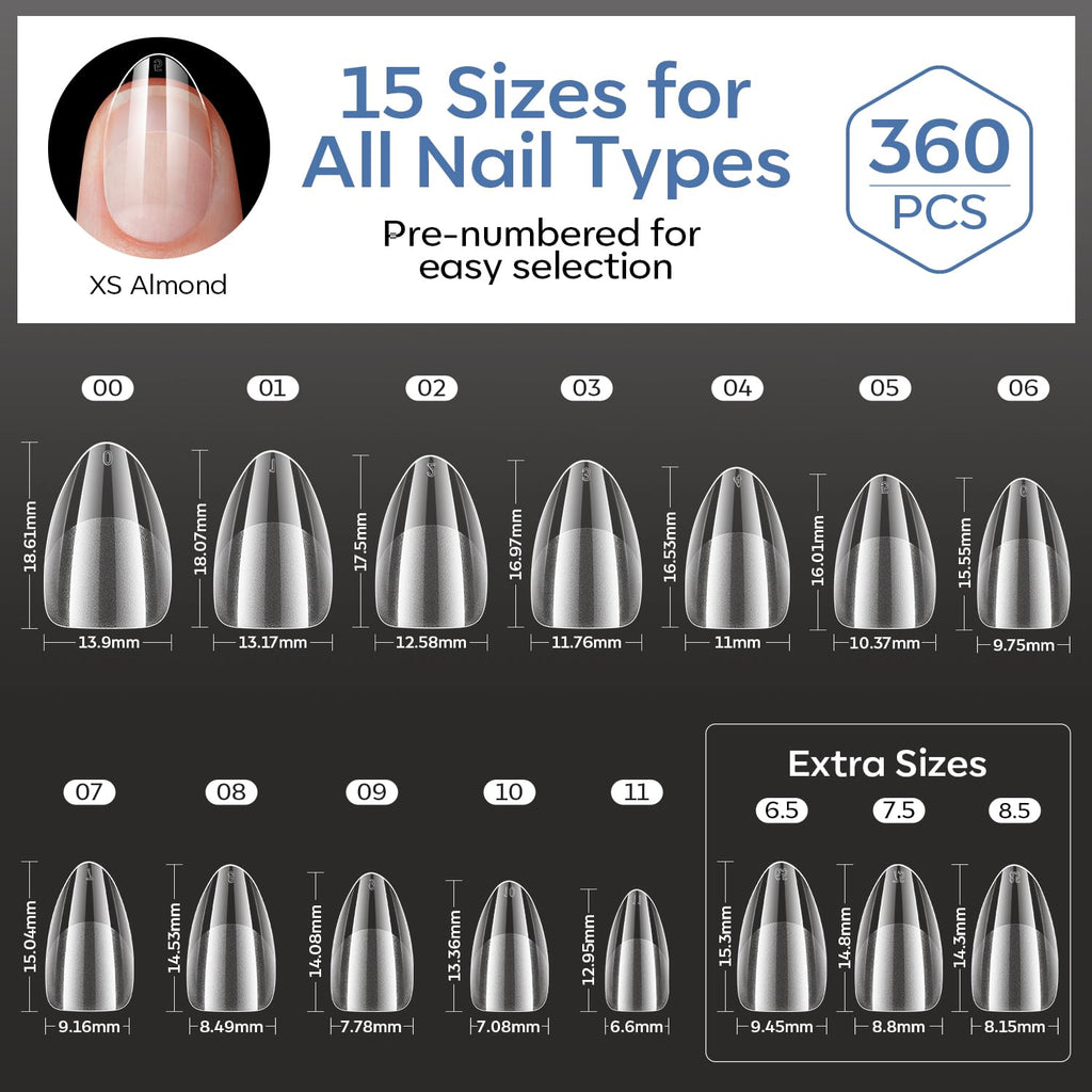 Discover 360 genuine short almond nail tips in 15 sizes, pre-numbered for easy selection and perfect for any nail type.