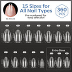 Discover 360 genuine short almond nail tips in 15 sizes, pre-numbered for easy selection and perfect for any nail type.