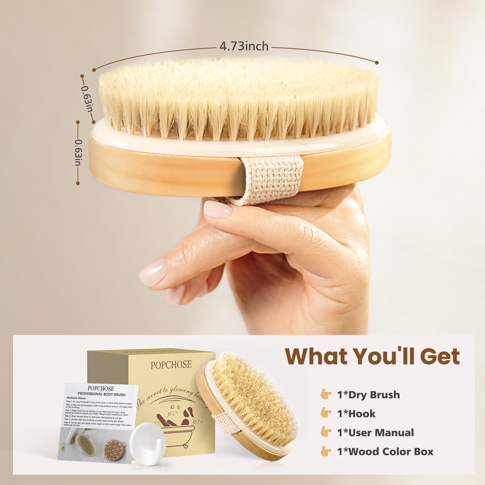 POPCHOSE Dry Brushing Body Brush, Natural Boar Bristle Exfoliating Brush | Body Scrub for Smoother Skin: Supports Cellulite Treatment, Lymphatic Drainage and Blood Circulation Improvement