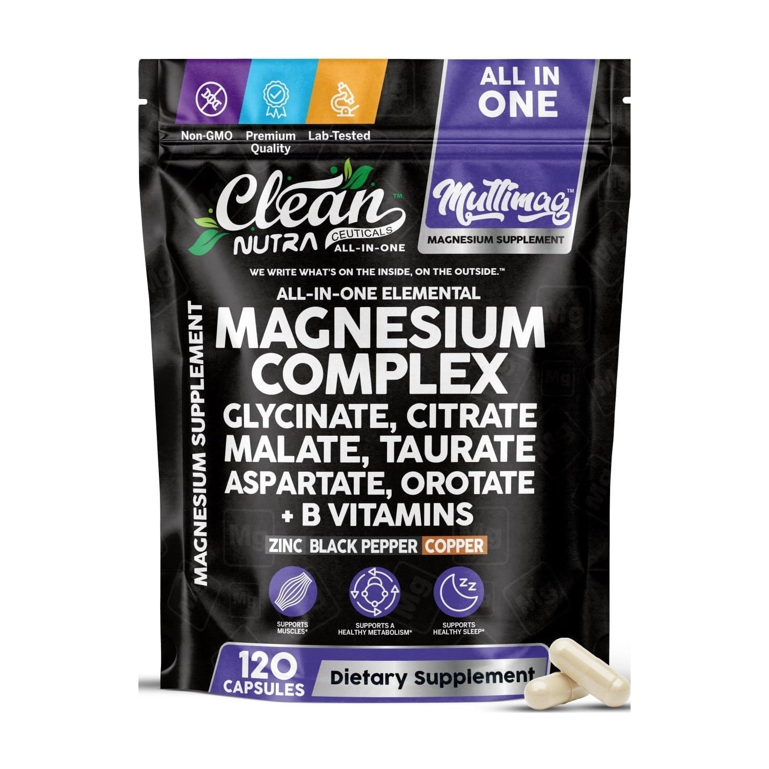 Clean Nutraceuticals Magnesium Complex with Magnesium Glycinate Citrate Malate Oxide Taurate Aspartate Orotate & Mag Chloride, Zinc Copper Manganese (120 Count (Pack of 1))