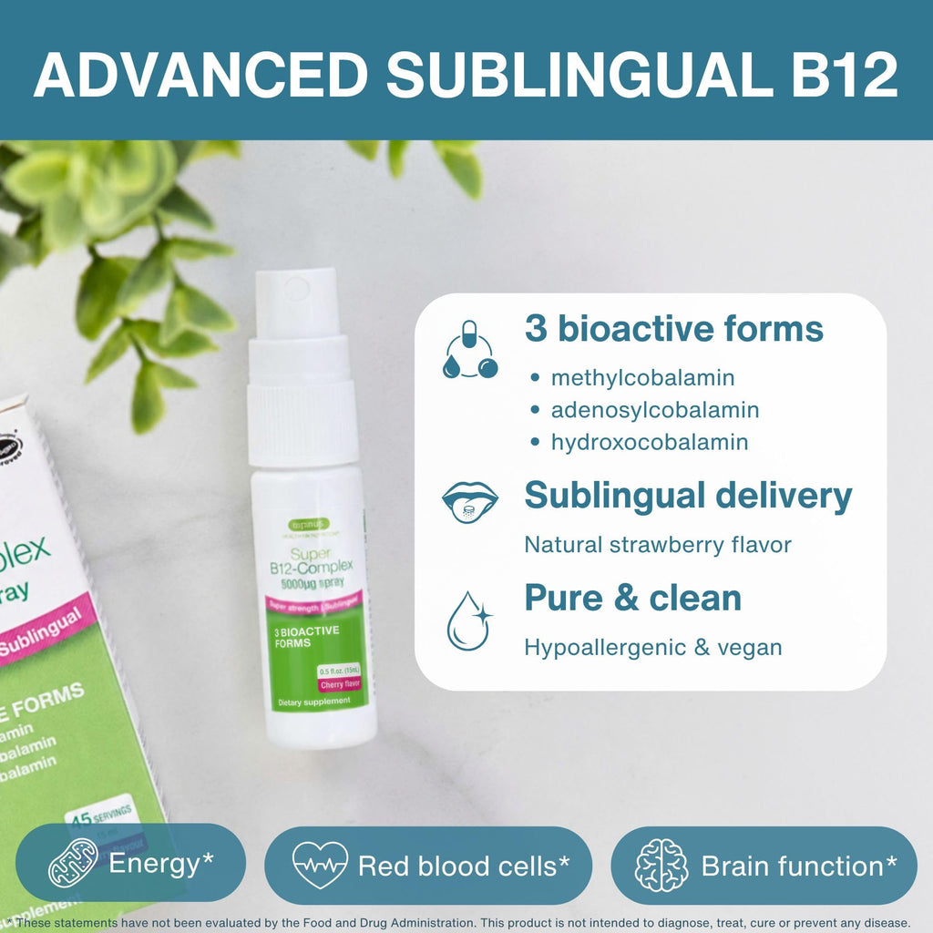 Igennus Super Vitamin B12 Complex 5000mcg Sublingual Spray, 45 Servings | Methylated, three bioactive forms; methylcobalamin, adenosylcobalamin & hydroxocobalamin, high-strength liquid spray, vegan