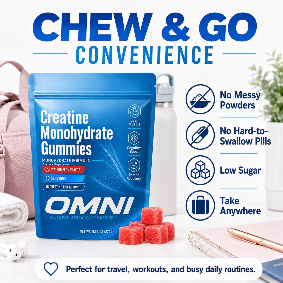 Creatine Gummies for Women, 1g Per Gummy, Low Sugar Watermelon Creatine Monohydrate Gummies, Performance, Workout Support