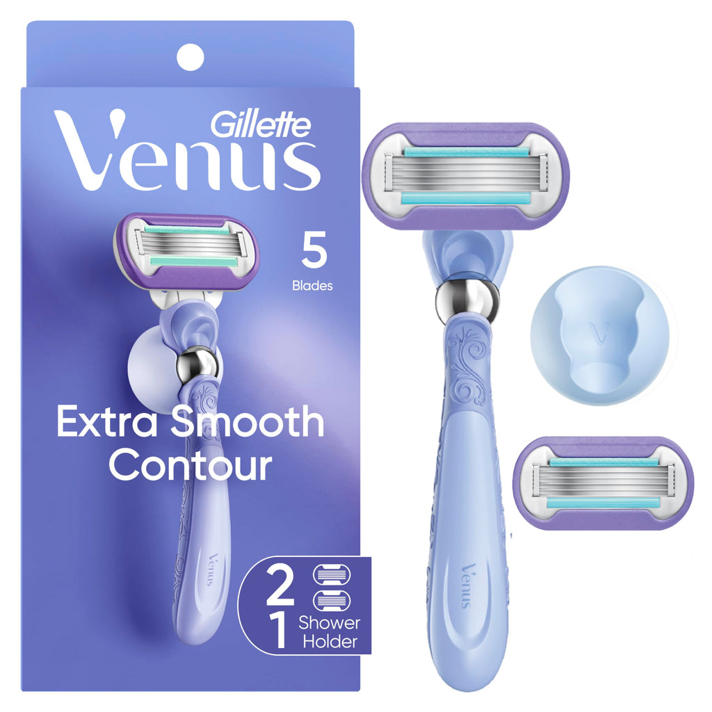 Gillette Venus Razor for Women, Extra Smooth Contour, Includes 1 Reusable Razor Handle + 4 Count 5-Bladed Razor Refills, with Flexiball Pivoting Handle and Shower Holder