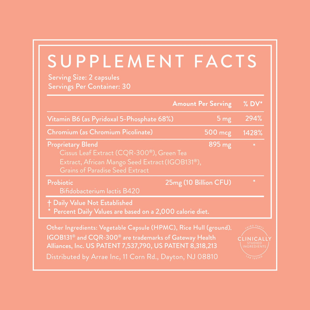Arrae MB-1 Craving Control & Metabolism Support for Women, 60 Capsules | African Mango (IGOB131), Cissus Extract (CQR-300), Green Tea, Chromium, Probiotic B420, P5P B6, 30-Day Supply