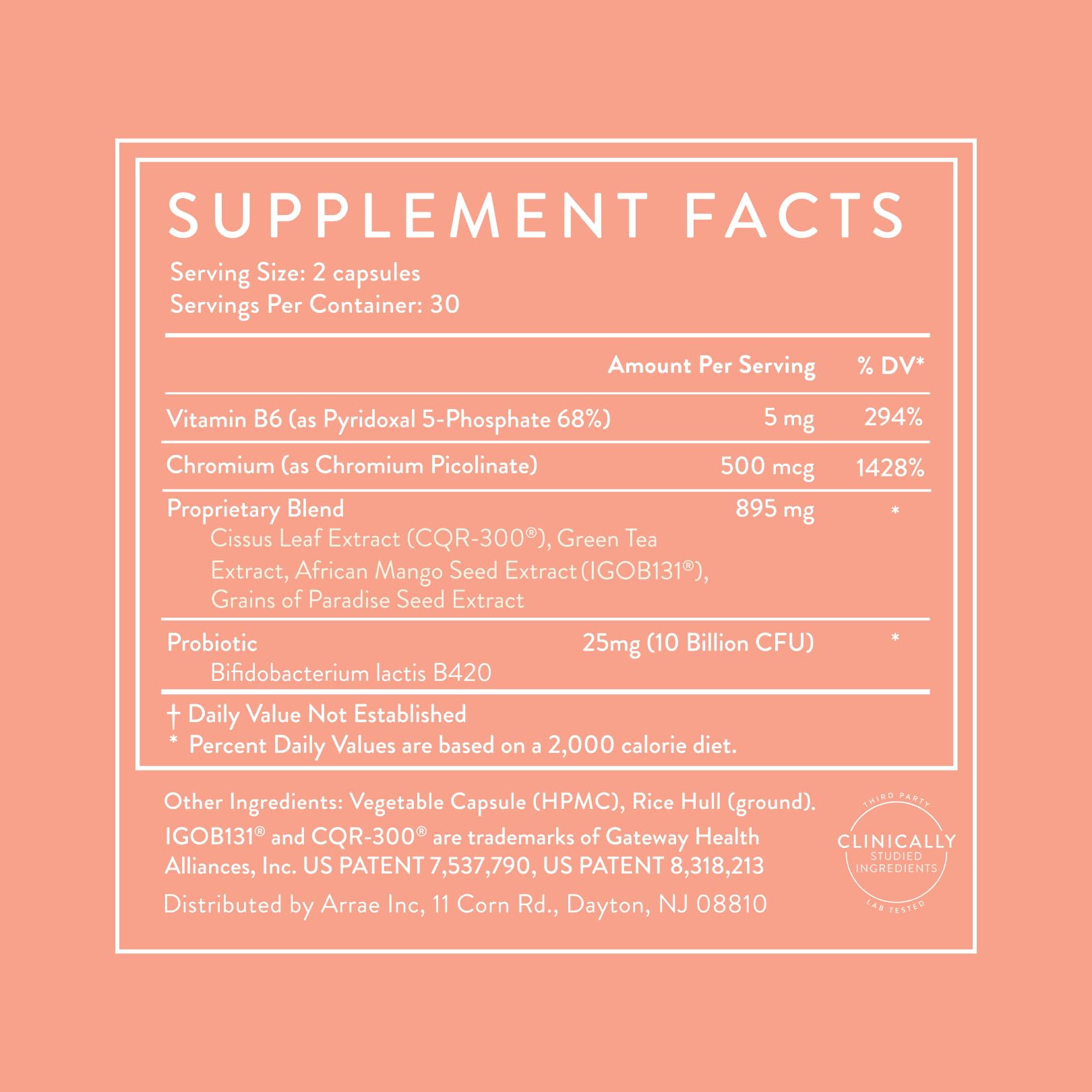 Arrae MB-1 Craving Control & Metabolism Support for Women, 60 Capsules | African Mango (IGOB131), Cissus Extract (CQR-300), Green Tea, Chromium, Probiotic B420, P5P B6, 30-Day Supply