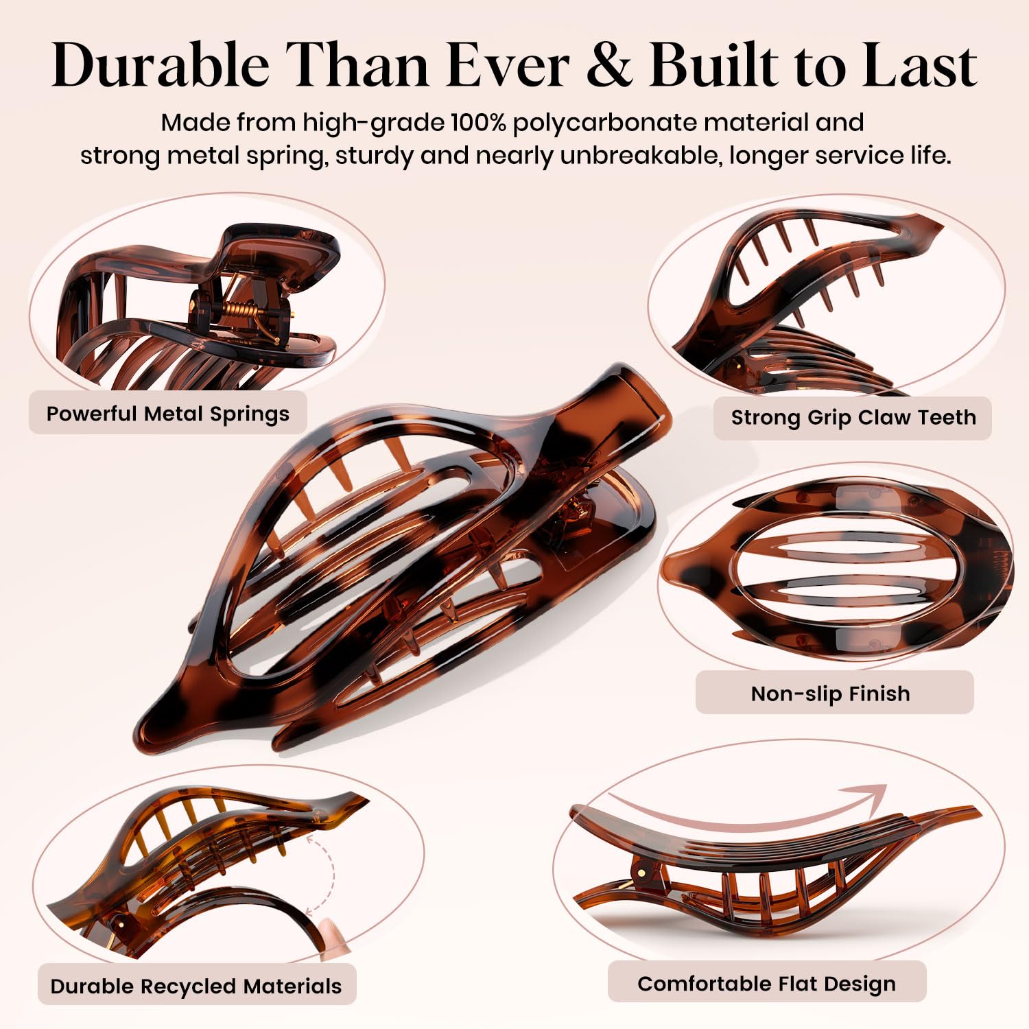 4 PCS Large Flat Hair Clips for Women Girls, French Concord Lay Down Claw Clips for Thick Thin Hair, Comfortable Curved Flat Clip, Leopard Print Stylish Strong Hold Hair Accessories, Tortoise