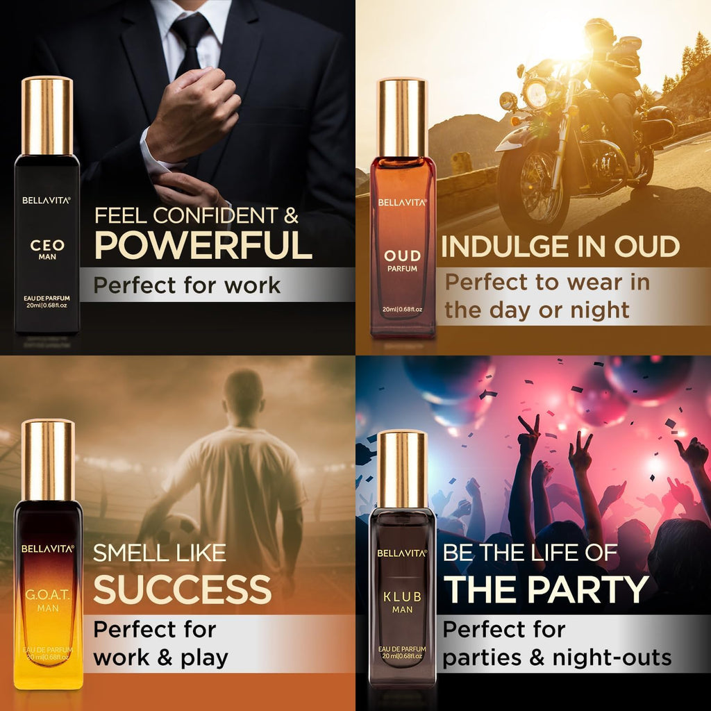 Buy now Bella Vita Luxury Long Lasting Perfume Gift Set for Man | 4x20ml | Gifts for Men | Woody, Citrusy, Oud, Premium Fragrance Scent | KLUB, OUD, CEO, G.O.A.T | Best gift for Valentine's Day at indiglob india