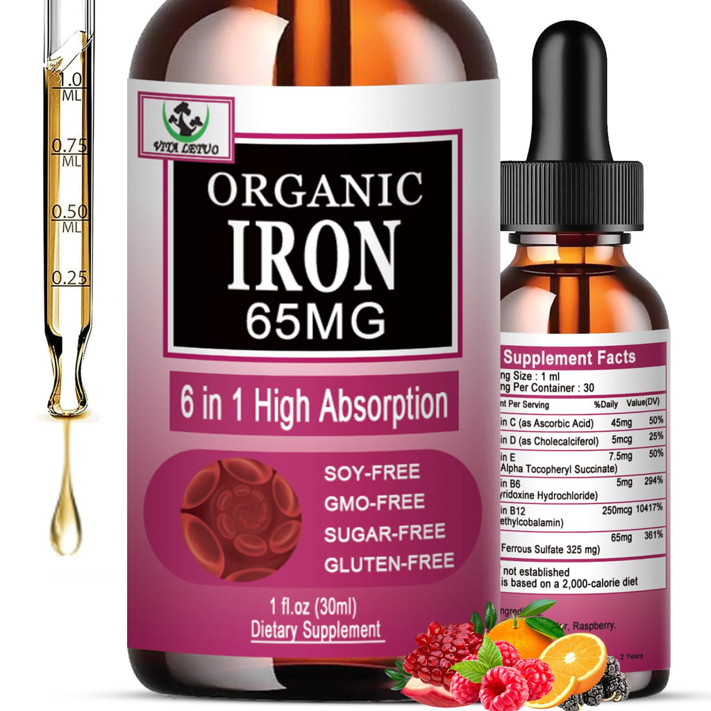 Vita letuo Iron Supplement for Women with Vitamin C,6-in-1 Liquid Supplement w/Vitamin B12,Vitamin B6,High Absorption Liquid Iron Drops for Red Blood Cells & Immune Support,Non-GMO, Gluten Free