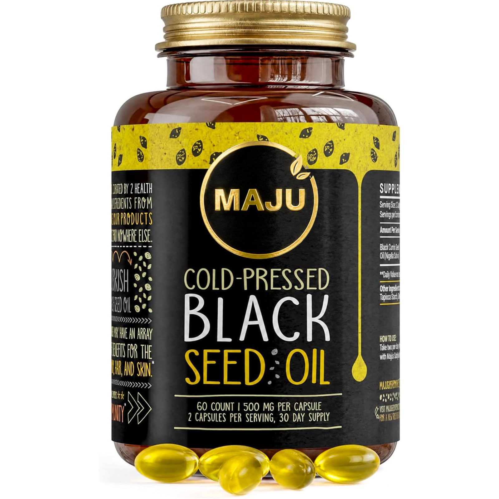 Maju Superfoods Black Seed Oil Capsules - Cold Pressed, 3X Thymoquinone, 100% Turkish Black Cumin Nigella Sativa Seed Oil, Liquid Pure Blackseed 60 Count, 500mg per Capsule
