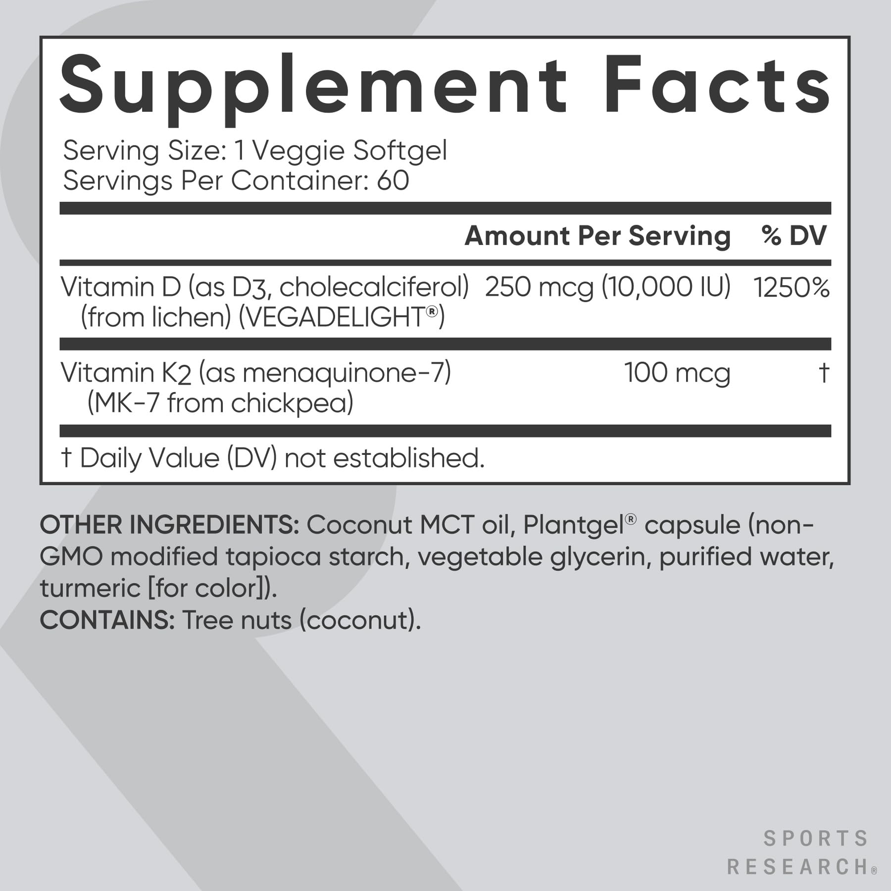 Sports Research® Vegan Vitamin D3 + K2 w/Coconut Oil, 60 Count Plantgels™ | Plant-Based Vitamin D 10,000iu/250mcg & Soy-Free Vitamin K 100mcg for Bone & Immune Support - Vegan Certified · Non-GMO