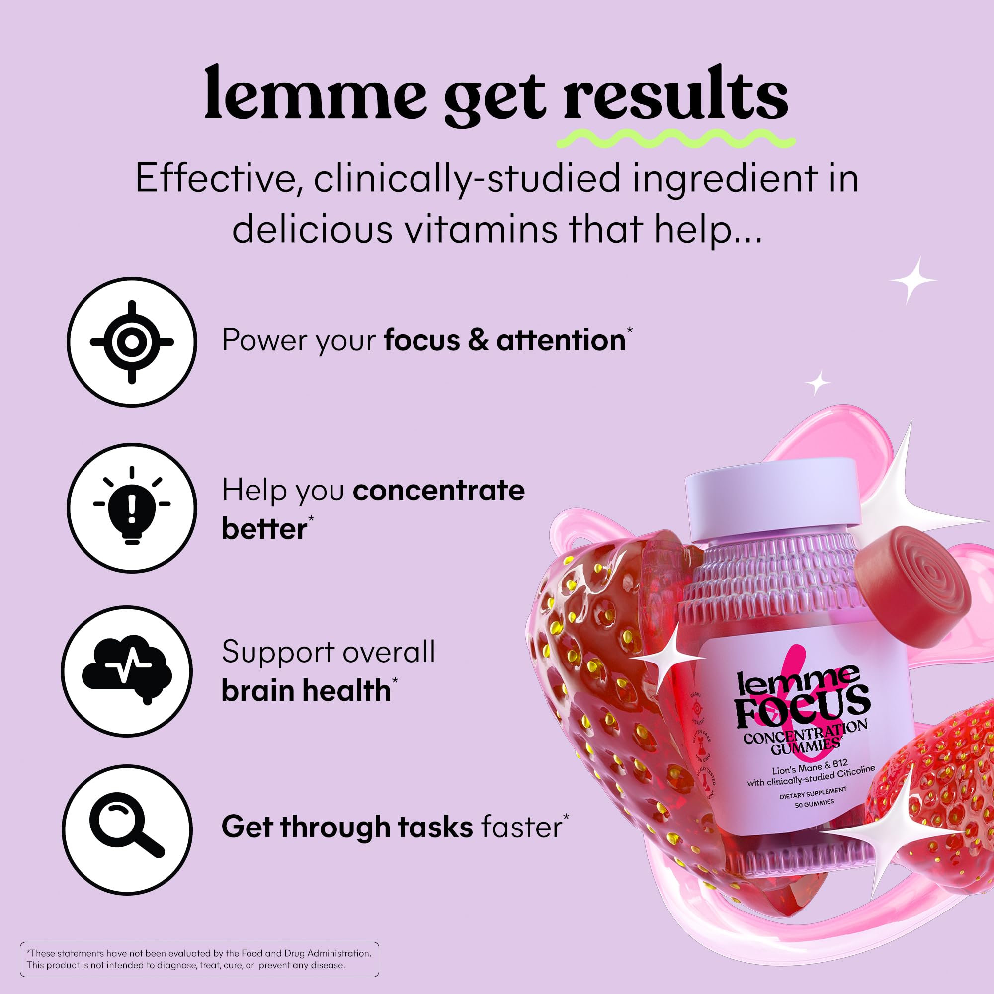 Lemme Focus Concentration & Brain Health Gummies (50 Gummies) | Cognizin Citicoline, Lion's Mane Mushroom, Vitamin B12 to Support Focus + Concentration - Gluten Free, Caffeine Free